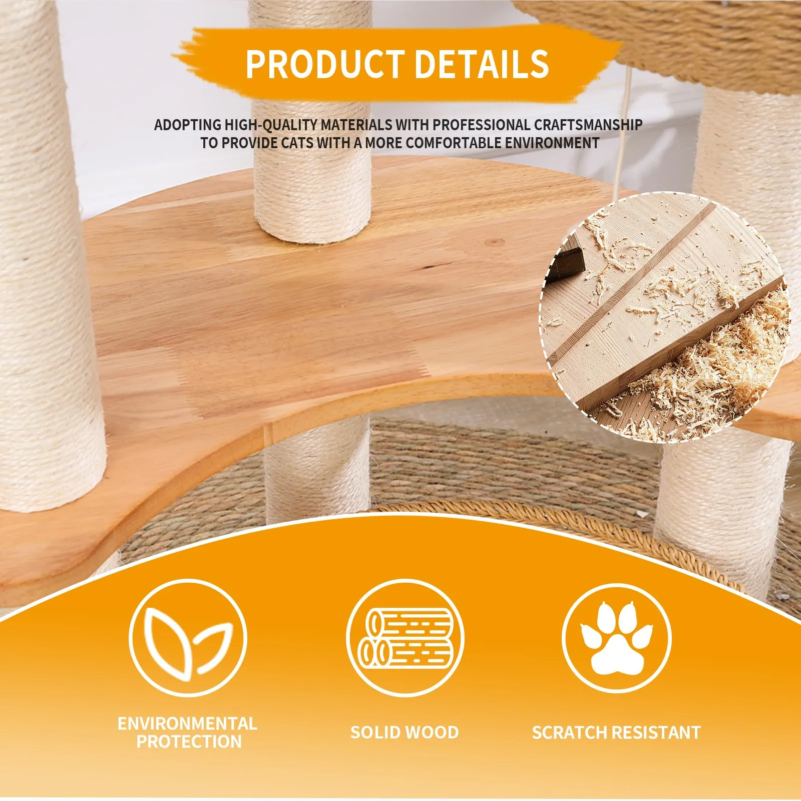54" Modern Cat Tree Tower for Indoor Cats, Solid Oak Cat Scratching Tree for Multiple Large Cats