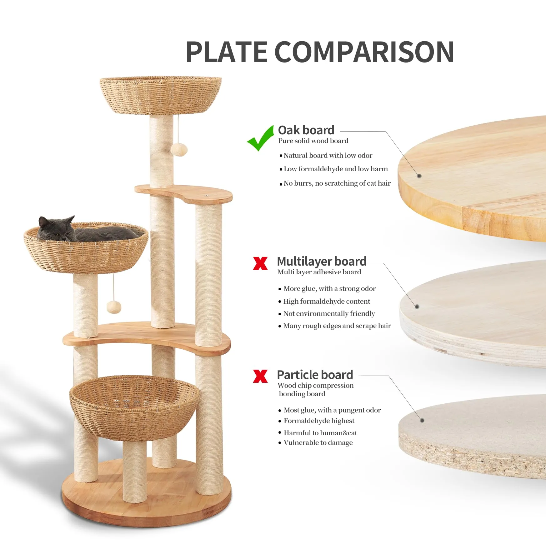54" Modern Cat Tree Tower for Indoor Cats, Solid Oak Cat Scratching Tree for Multiple Large Cats