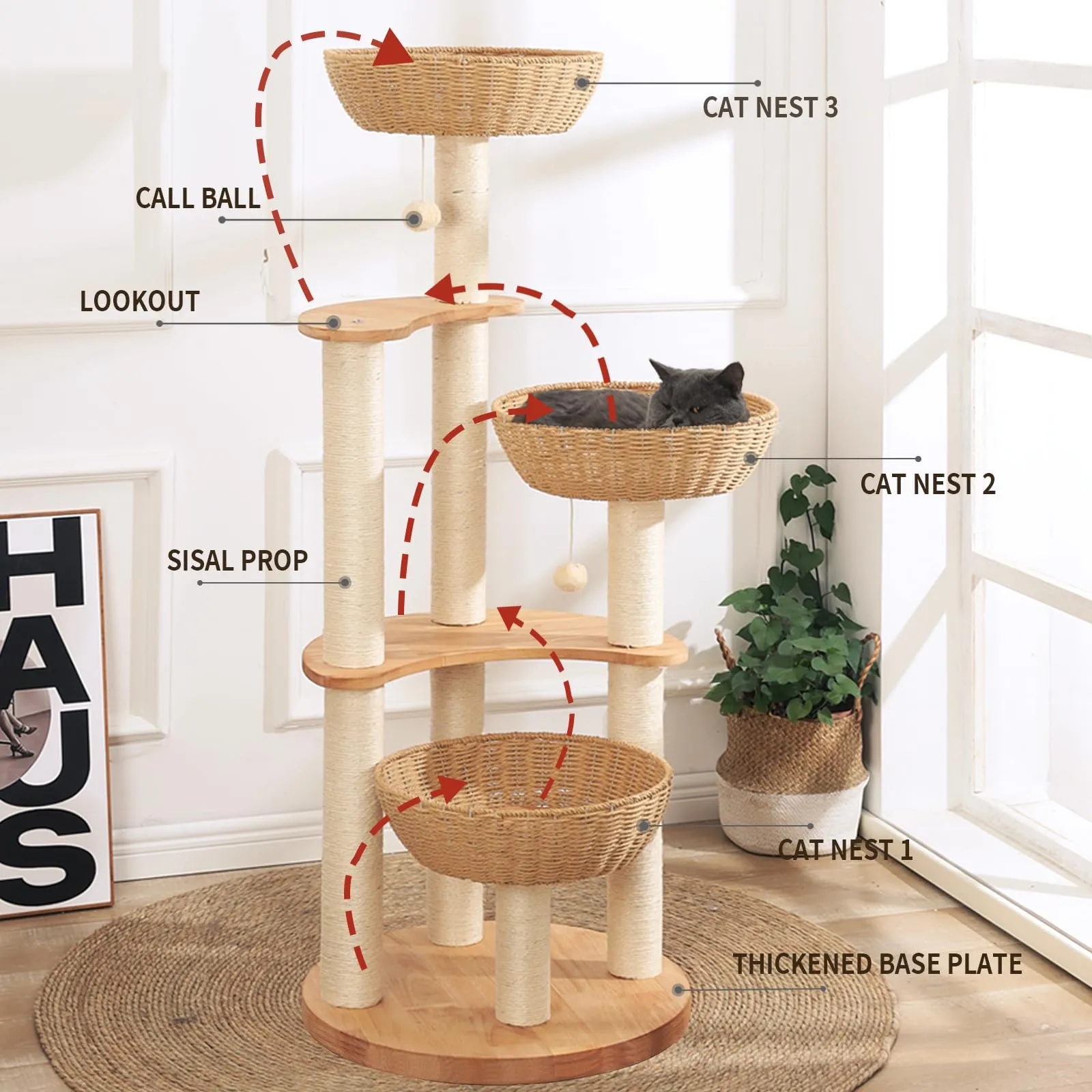 54" Modern Cat Tree Tower for Indoor Cats, Solid Oak Cat Scratching Tree for Multiple Large Cats