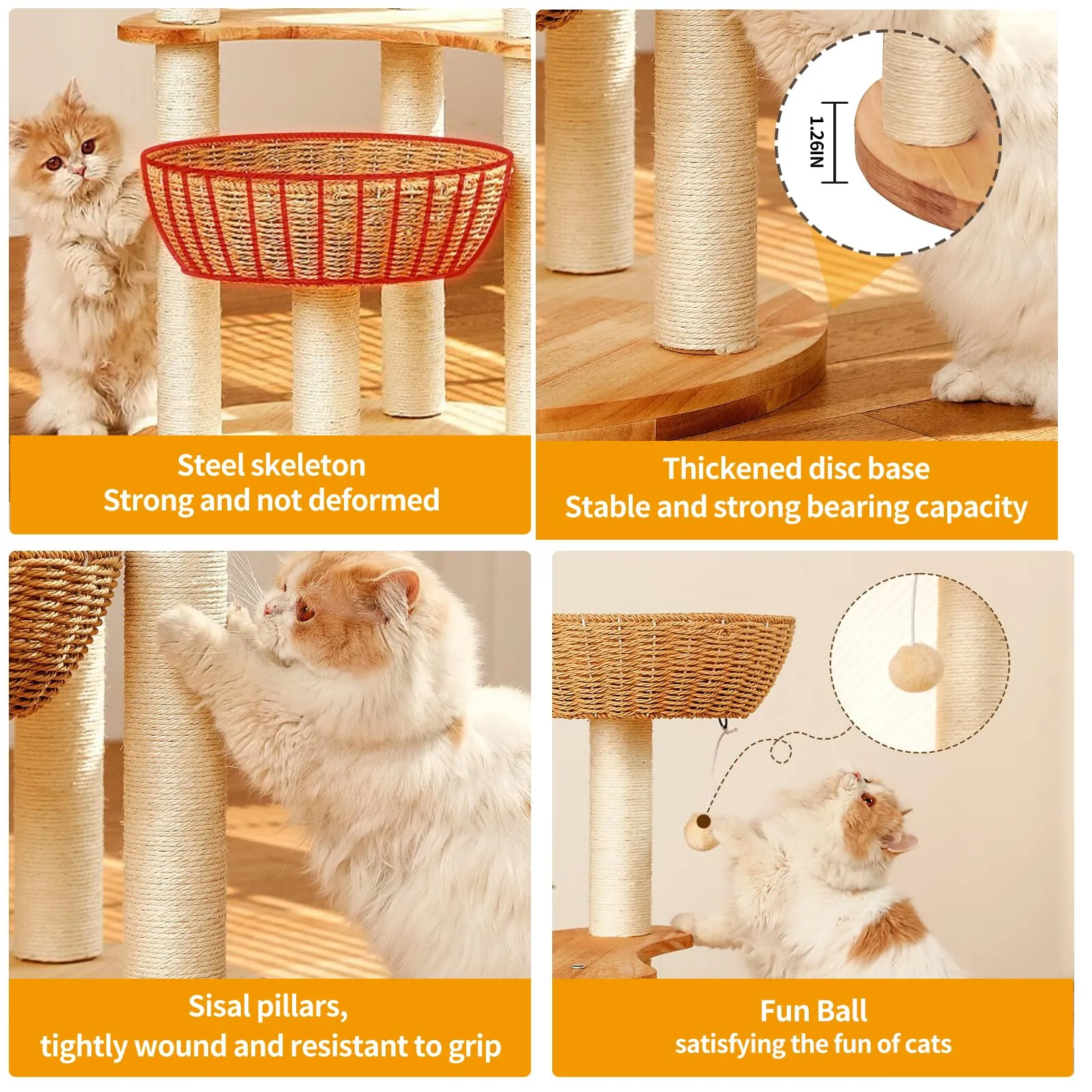 54" Modern Cat Tree Tower for Indoor Cats, Solid Oak Cat Scratching Tree for Multiple Large Cats
