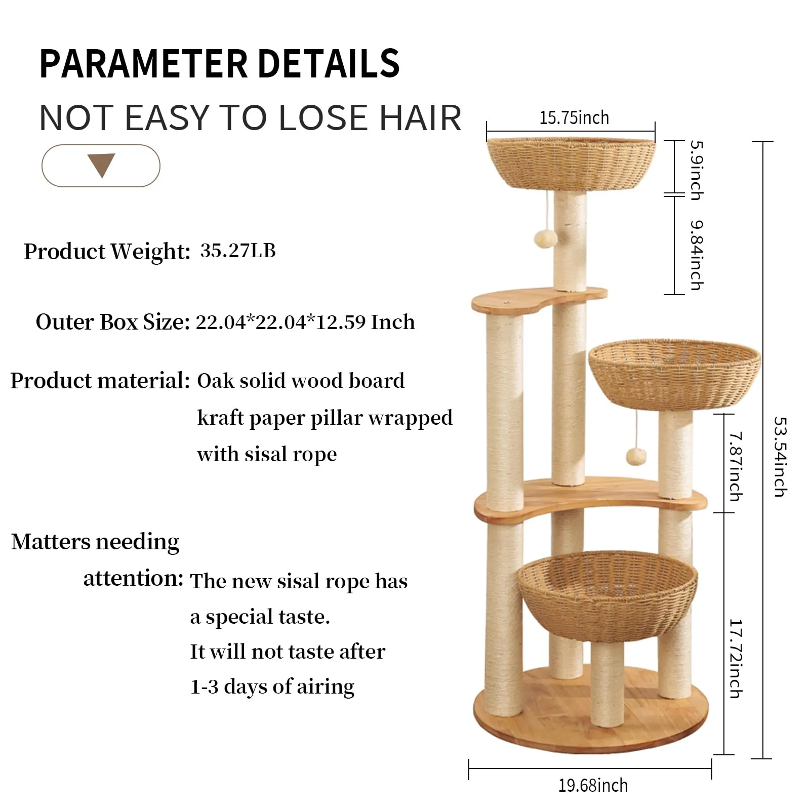 54" Modern Cat Tree Tower for Indoor Cats, Solid Oak Cat Scratching Tree for Multiple Large Cats