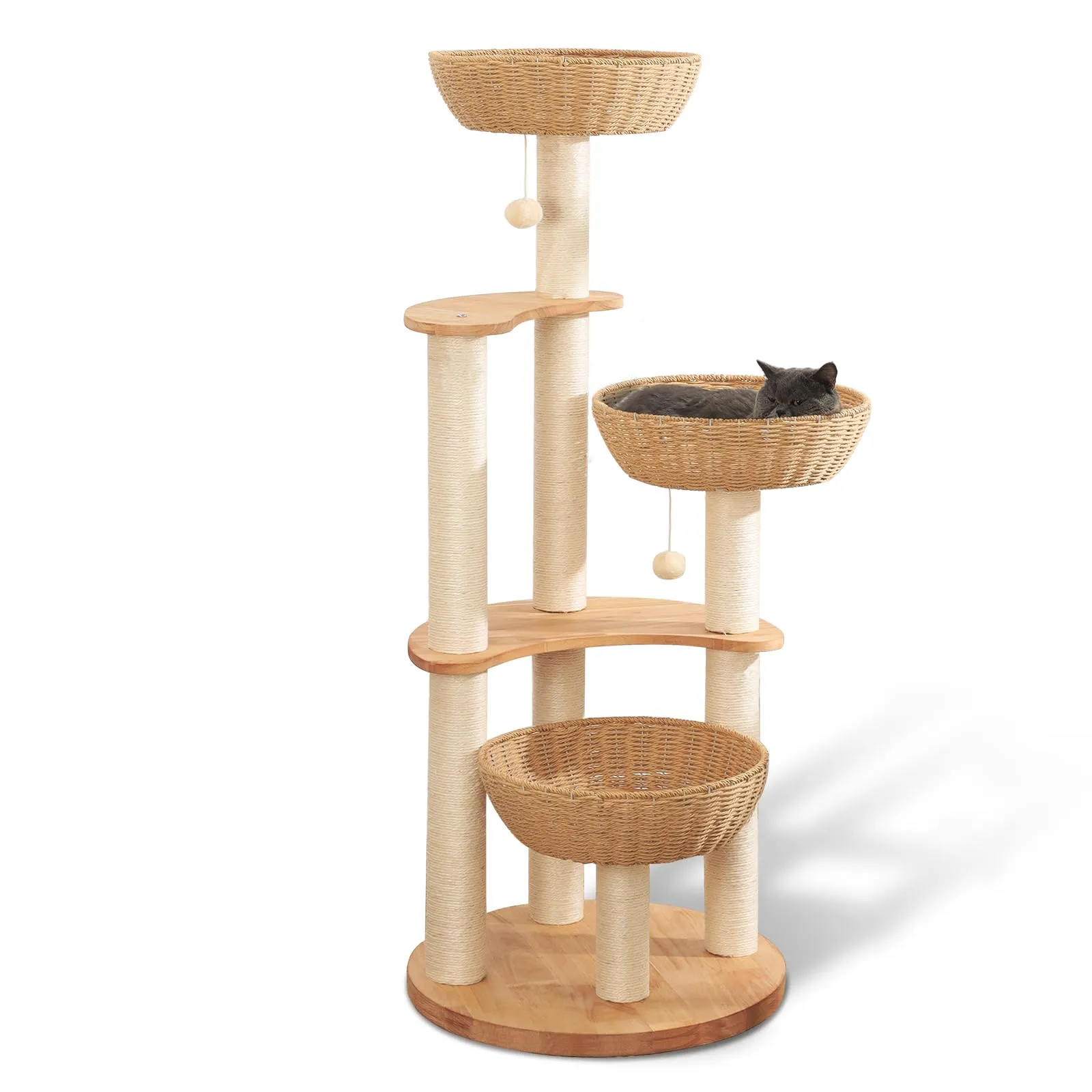 54" Modern Cat Tree Tower for Indoor Cats, Solid Oak Cat Scratching Tree for Multiple Large Cats