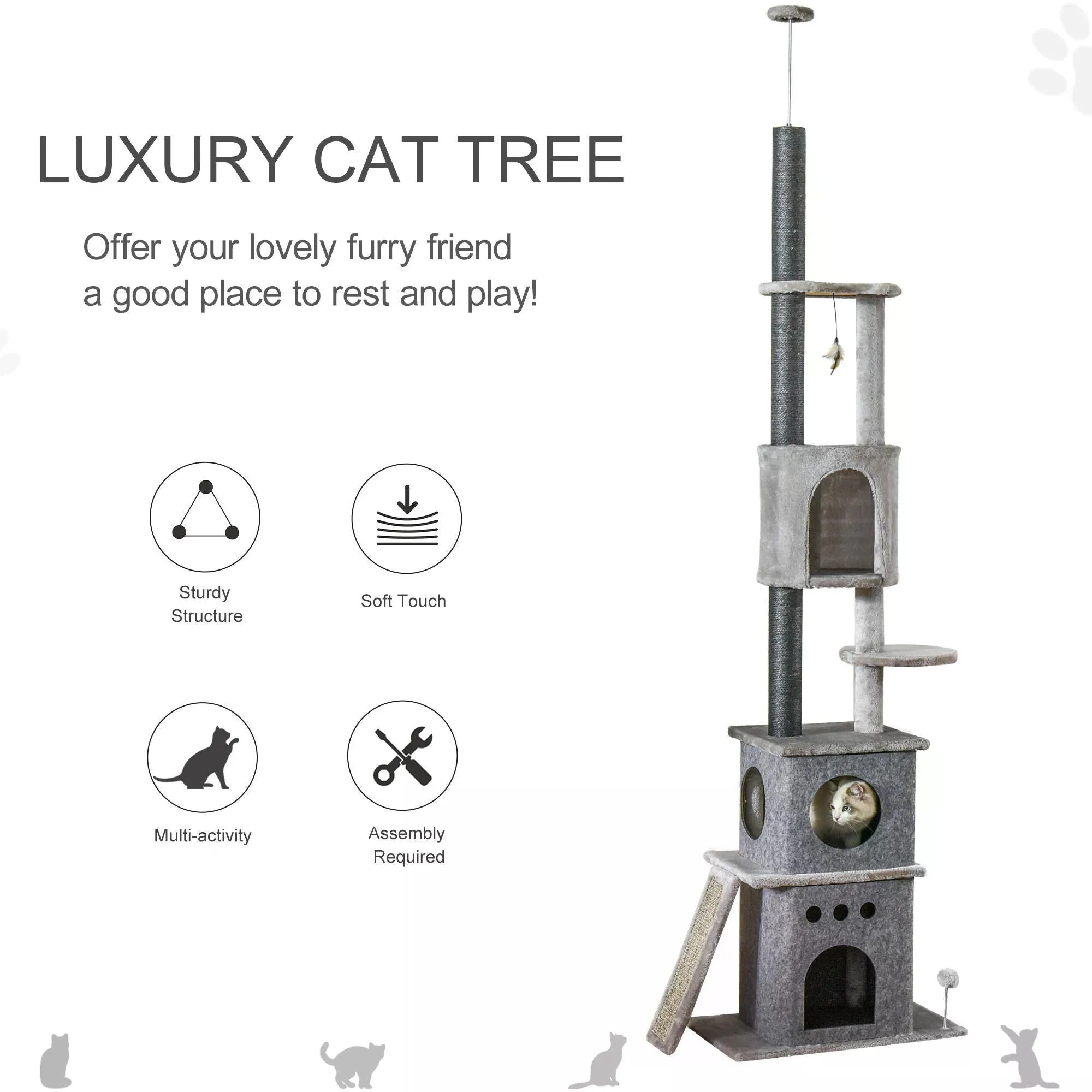 Adjustable Cat Climbing Toy Tree 255cm with Double Condo Grey