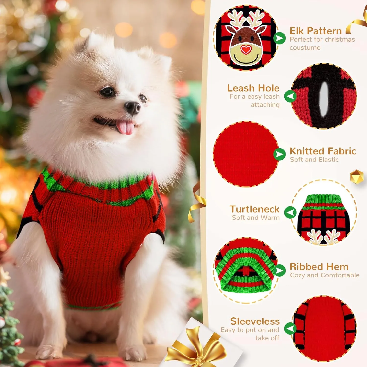 BAEMJK Christmas Sweater with Leash Hole Classic Plaid Xmas Pet Turtleneck Pullover Knitwear Warm Puppy Cat Jumper Winter Dog Clothes Outfits for Small Medium Dogs (Elk, Medium)