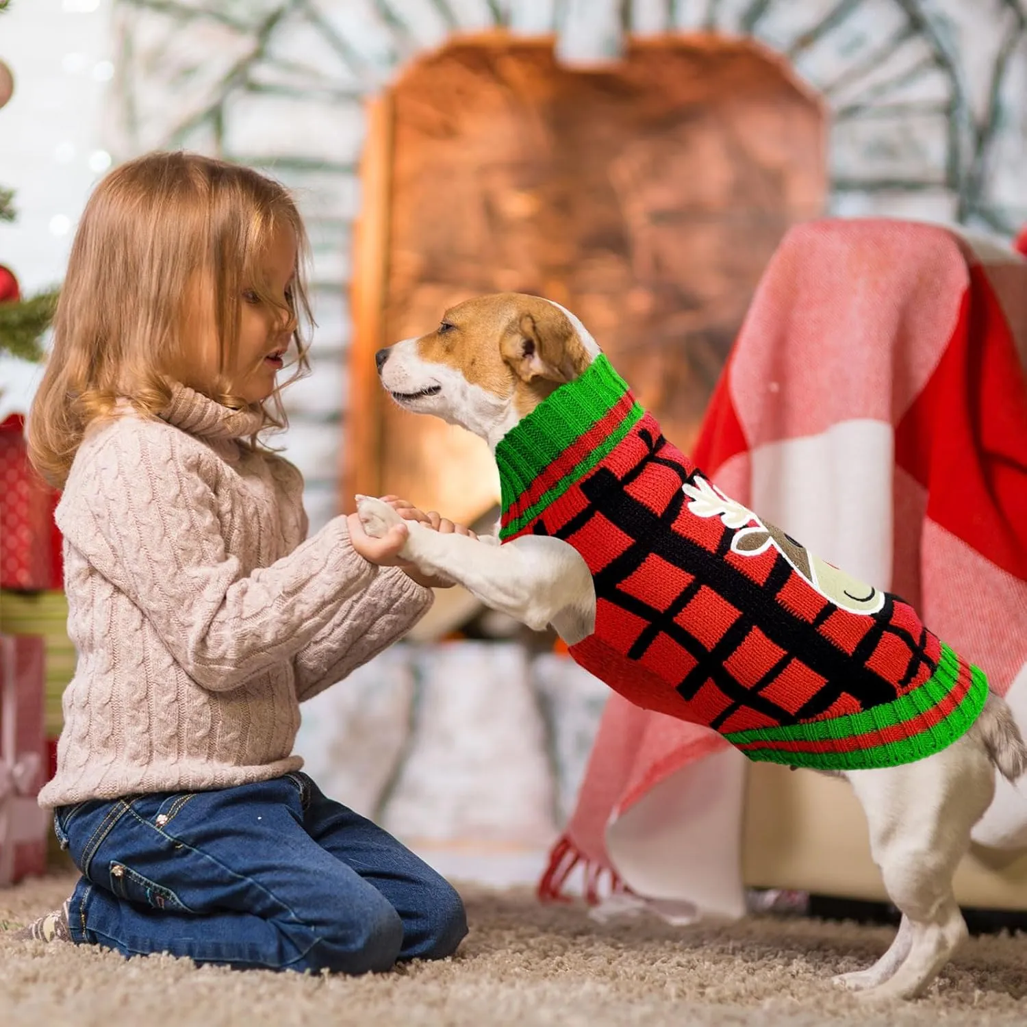 BAEMJK Christmas Sweater with Leash Hole Classic Plaid Xmas Pet Turtleneck Pullover Knitwear Warm Puppy Cat Jumper Winter Dog Clothes Outfits for Small Medium Dogs (Elk, Medium)