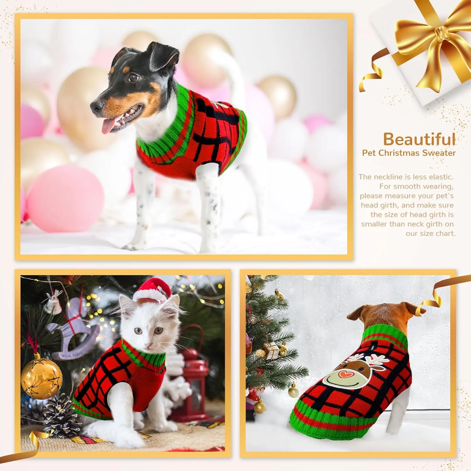 BAEMJK Christmas Sweater with Leash Hole Classic Plaid Xmas Pet Turtleneck Pullover Knitwear Warm Puppy Cat Jumper Winter Dog Clothes Outfits for Small Medium Dogs (Elk, Medium)