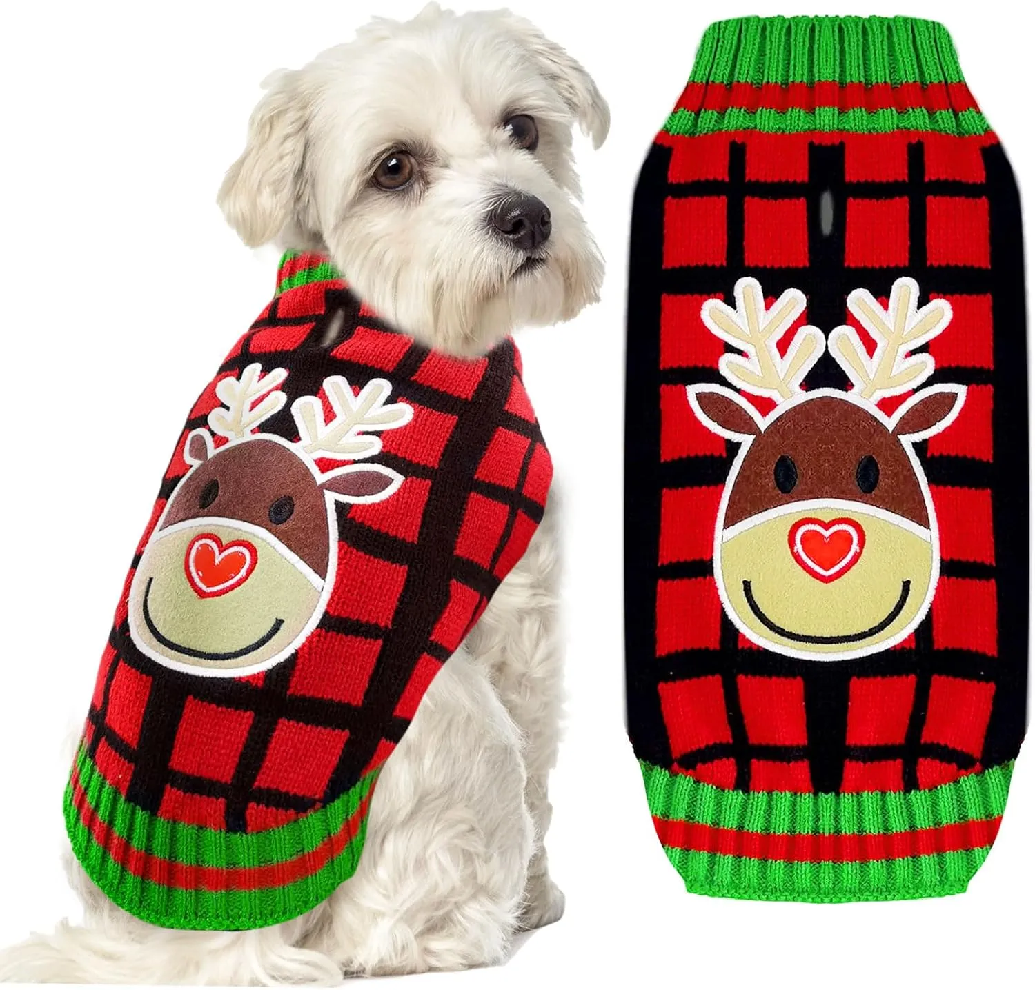 BAEMJK Christmas Sweater with Leash Hole Classic Plaid Xmas Pet Turtleneck Pullover Knitwear Warm Puppy Cat Jumper Winter Dog Clothes Outfits for Small Medium Dogs (Elk, Medium)