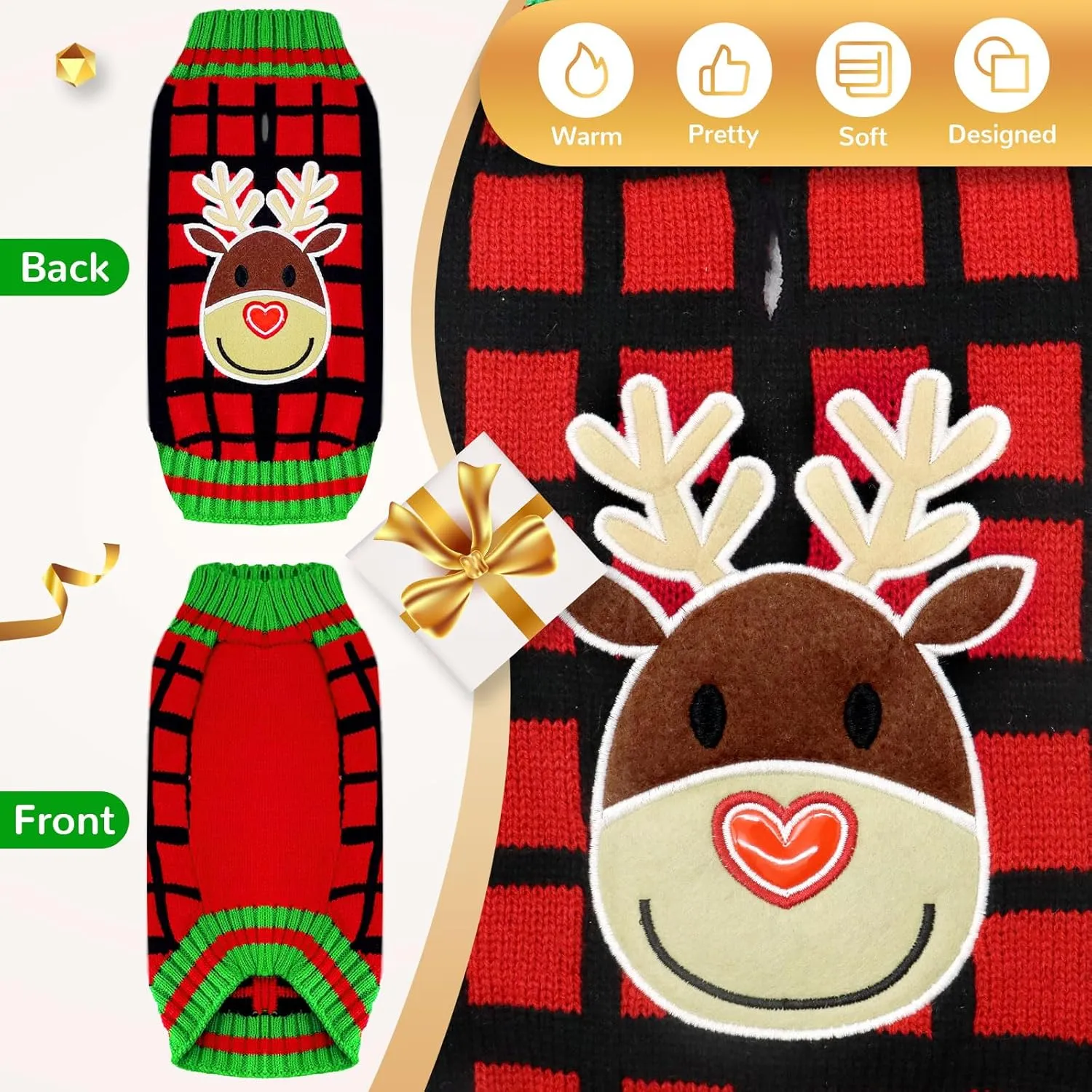 BAEMJK Christmas Sweater with Leash Hole Classic Plaid Xmas Pet Turtleneck Pullover Knitwear Warm Puppy Cat Jumper Winter Dog Clothes Outfits for Small Medium Dogs (Elk, Medium)