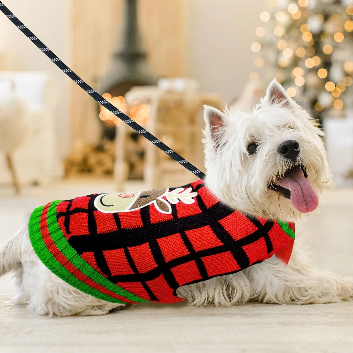 BAEMJK Christmas Sweater with Leash Hole Classic Plaid Xmas Pet Turtleneck Pullover Knitwear Warm Puppy Cat Jumper Winter Dog Clothes Outfits for Small Medium Dogs (Elk, Medium)