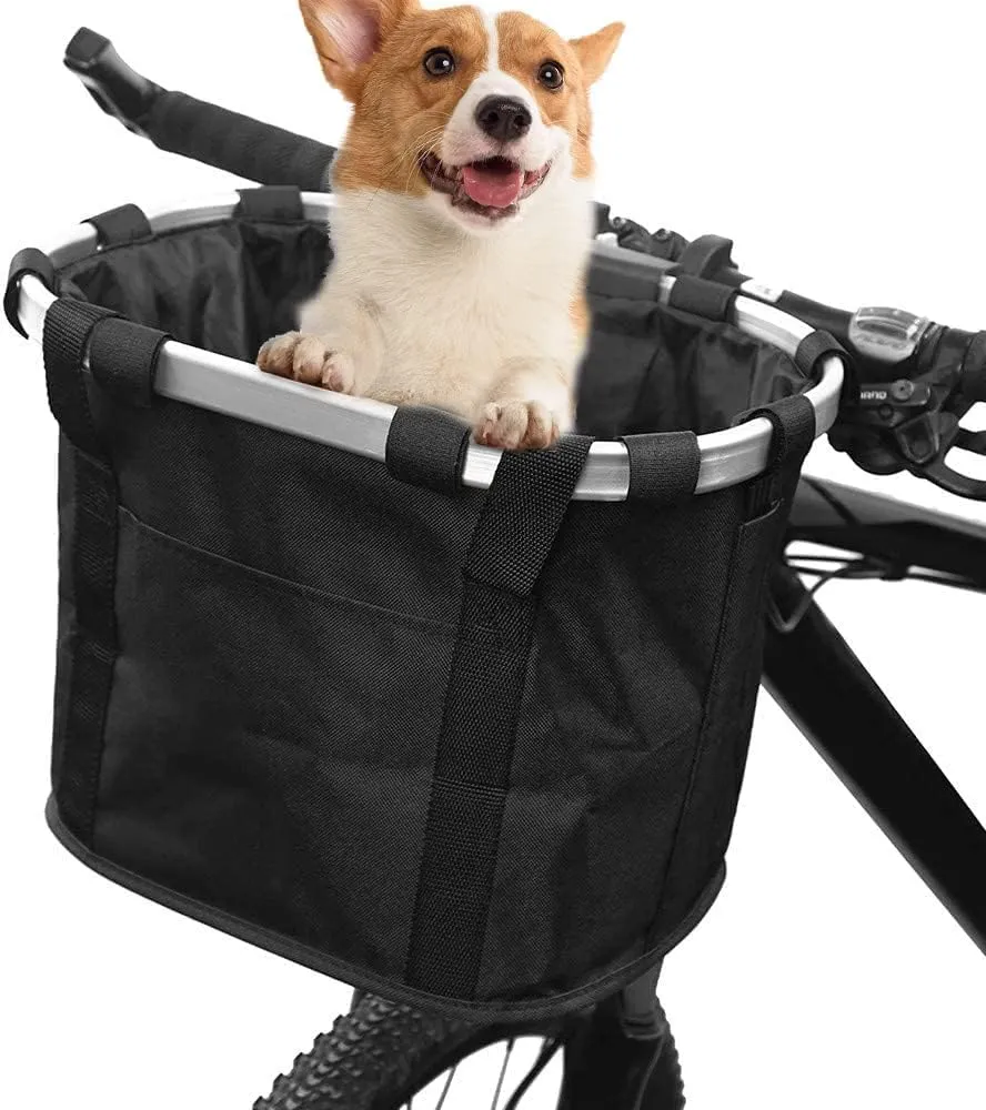 Bike Basket, Folding Bicycle Handlebar Front Basket, Removable Small Pet Carrier, Detachable Cycling Picnic Bag for Commuting Shopping Camping