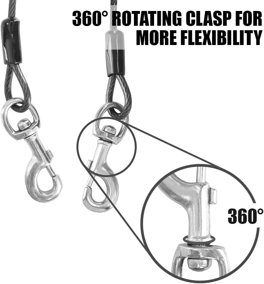 BV Dog Tie Out Cable 25 Feet - Heavy Duty Dog Lead Up to 250 Pounds - Reflective & Rust-Free with Quick Release Swivel Clips & 360 Rotating Clasp - Tangle-Free Dogs Runner for Yard (Grey, Single)