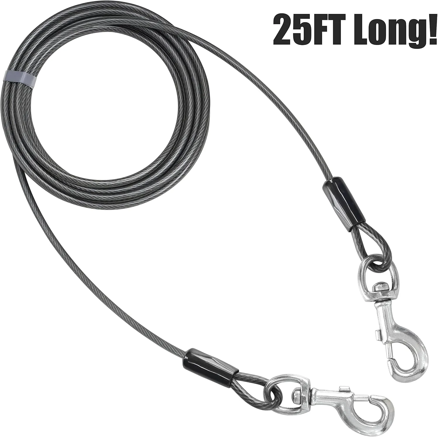 BV Dog Tie Out Cable 25 Feet - Heavy Duty Dog Lead Up to 250 Pounds - Reflective & Rust-Free with Quick Release Swivel Clips & 360 Rotating Clasp - Tangle-Free Dogs Runner for Yard (Grey, Single)