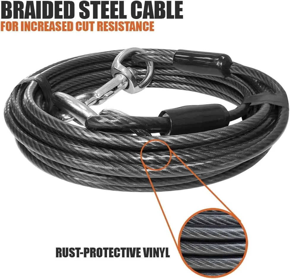 BV Dog Tie Out Cable 25 Feet - Heavy Duty Dog Lead Up to 250 Pounds - Reflective & Rust-Free with Quick Release Swivel Clips & 360 Rotating Clasp - Tangle-Free Dogs Runner for Yard (Grey, Single)