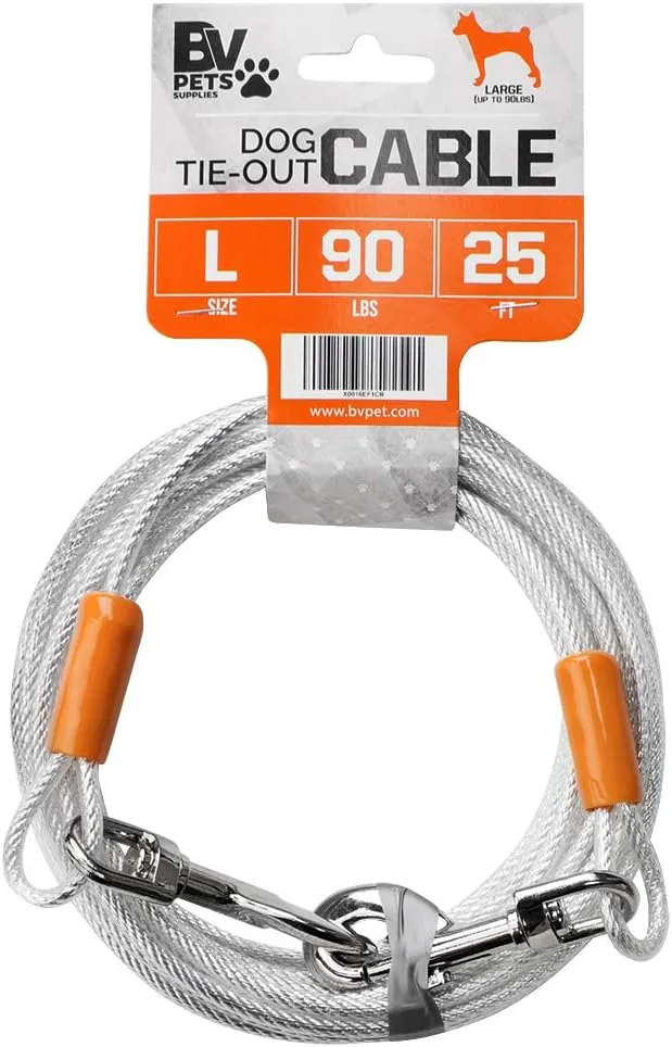 BV Dog Tie Out Cable 25 Feet - Heavy Duty Dog Lead up to 90 Pounds - Reflective & Rust-Free with Quick Release Swivel Clips & 360 Rotating Clasp - Tangle-Free Dogs Runner for Yard (Silver, Single)