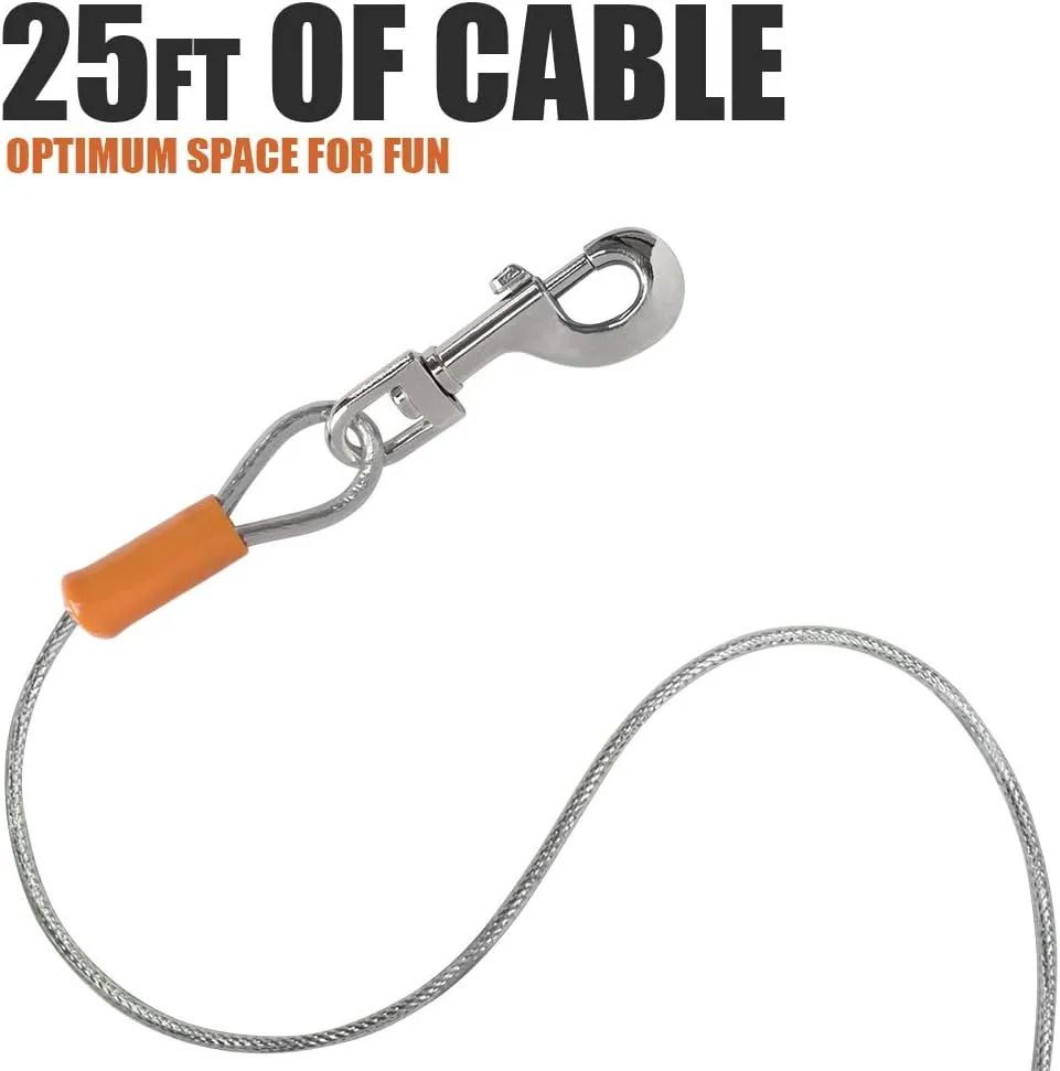 BV Dog Tie Out Cable 25 Feet - Heavy Duty Dog Lead up to 90 Pounds - Reflective & Rust-Free with Quick Release Swivel Clips & 360 Rotating Clasp - Tangle-Free Dogs Runner for Yard (Silver, Single)