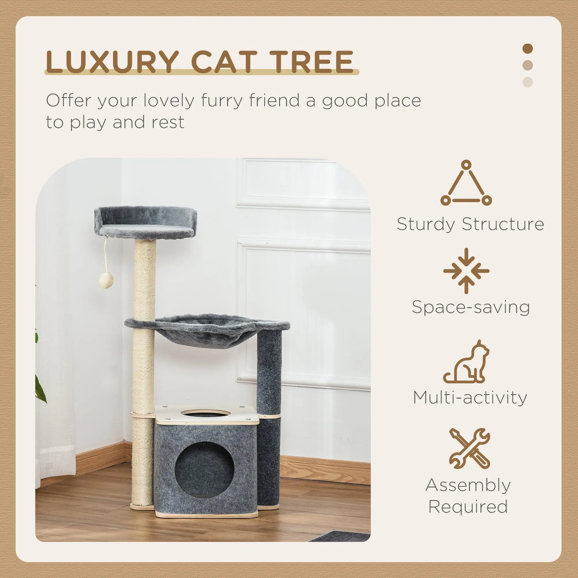 Cat Tree w/ Scratching Post, Condo, Hammock, 95cm - Grey