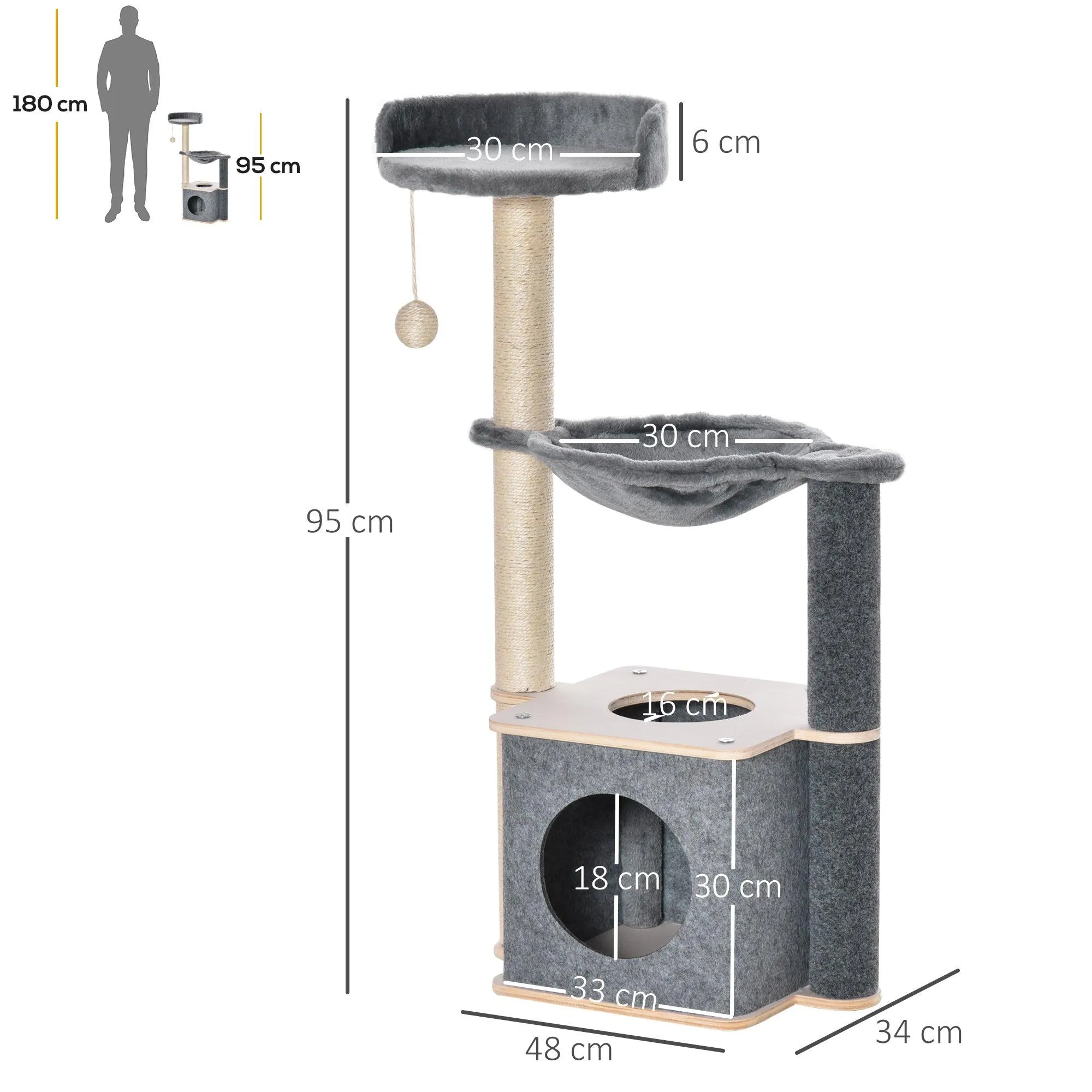 Cat Tree w/ Scratching Post, Condo, Hammock, 95cm - Grey