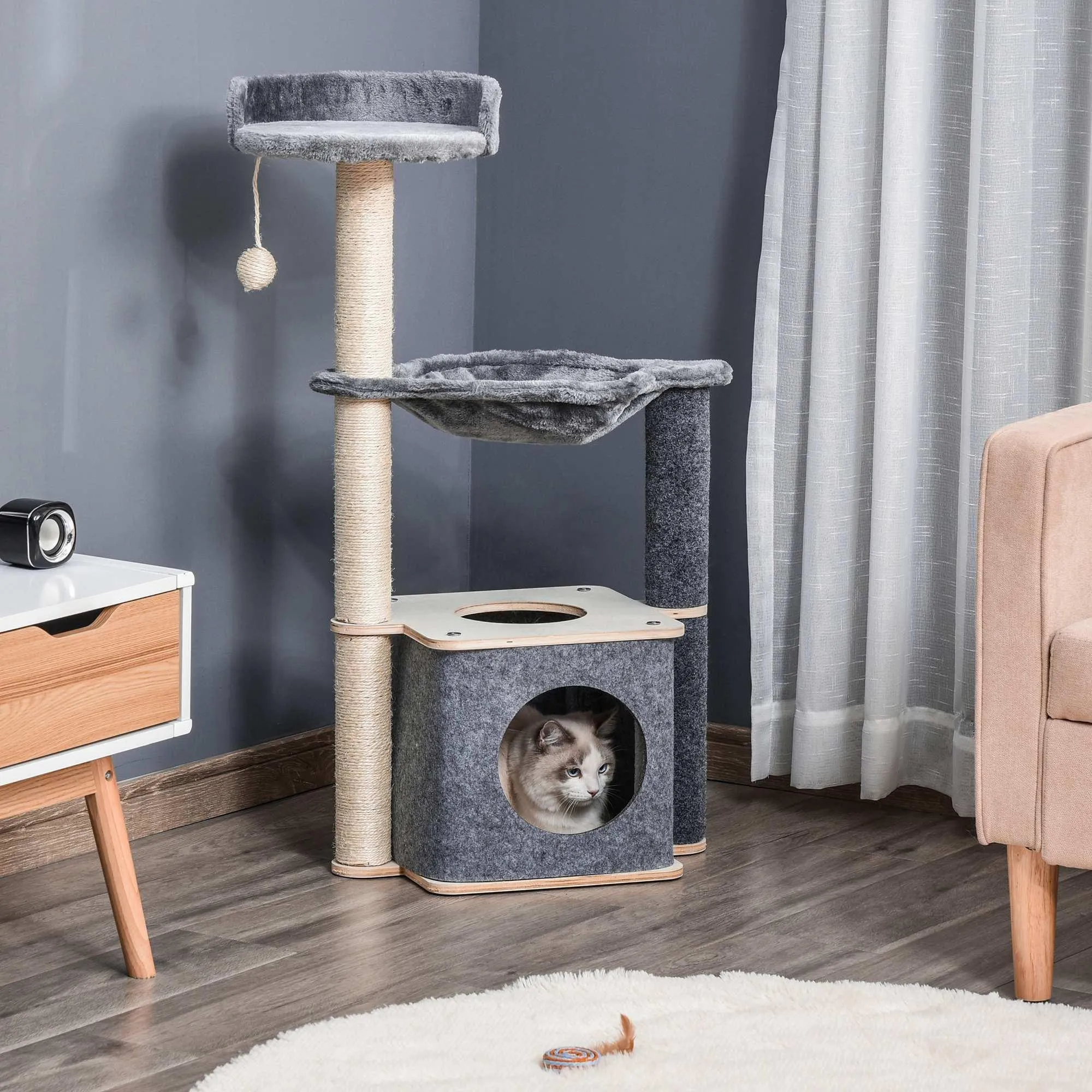 Cat Tree w/ Scratching Post, Condo, Hammock, 95cm - Grey