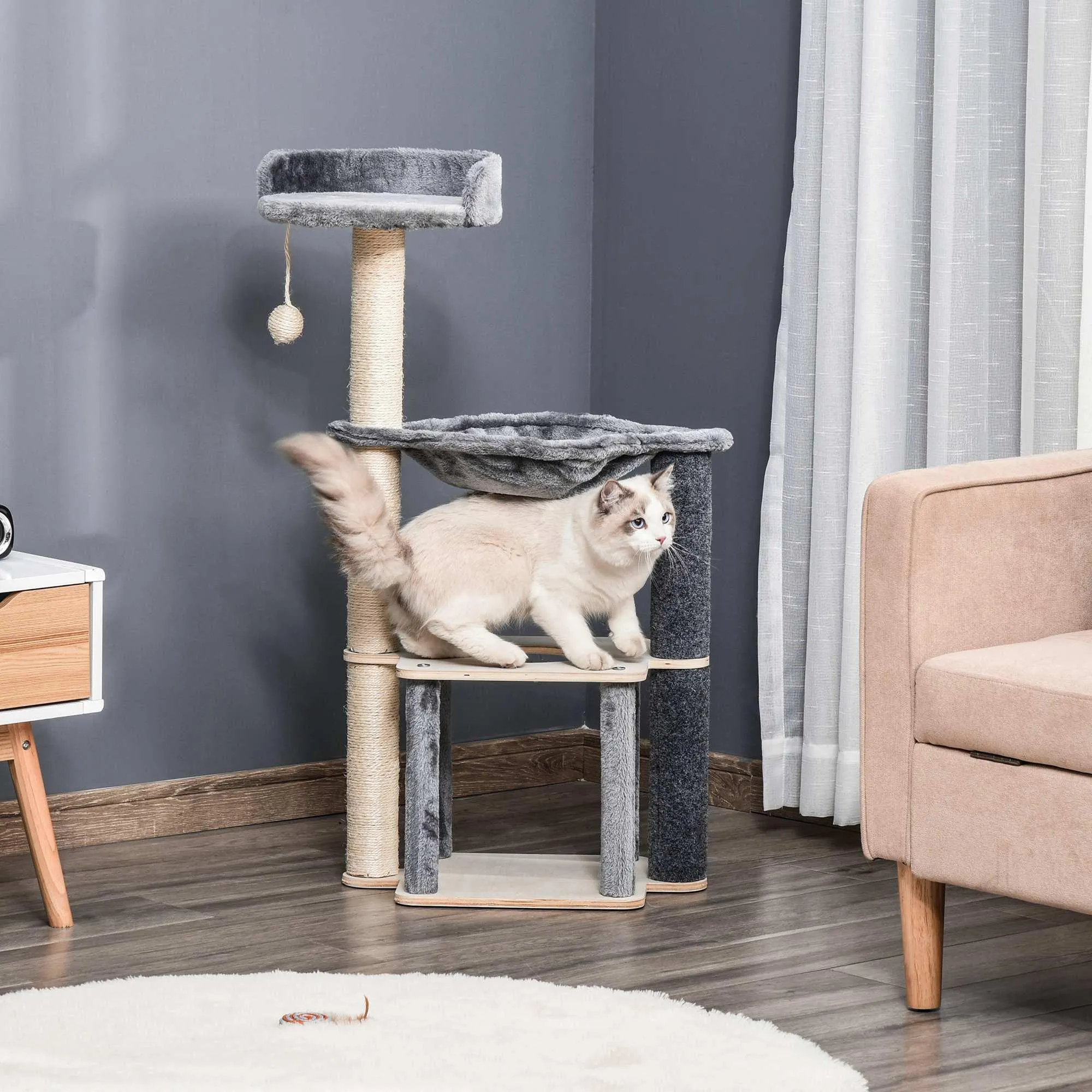 Cat Tree w/ Scratching Post, Condo, Hammock, 95cm - Grey