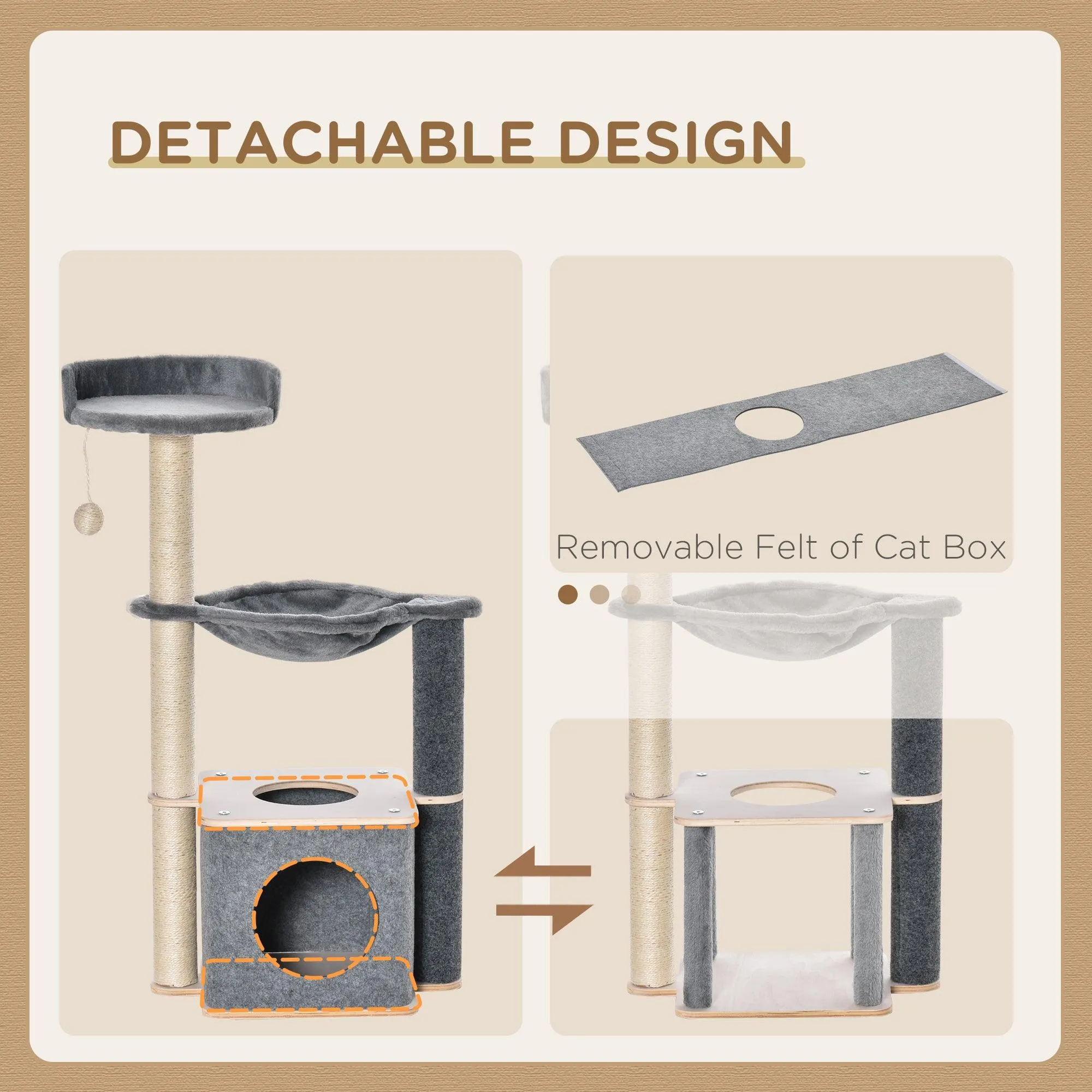 Cat Tree w/ Scratching Post, Condo, Hammock, 95cm - Grey