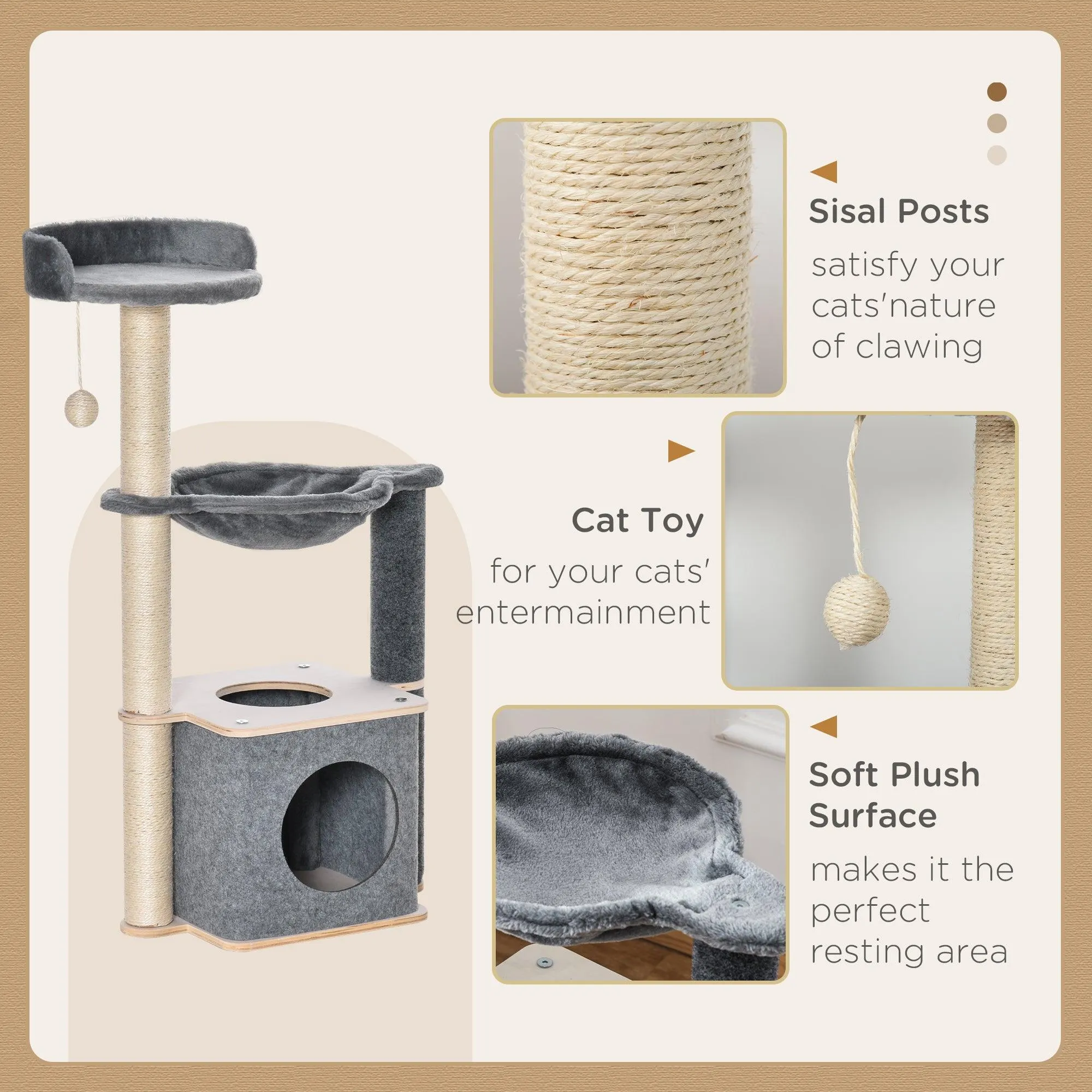 Cat Tree w/ Scratching Post, Condo, Hammock, 95cm - Grey