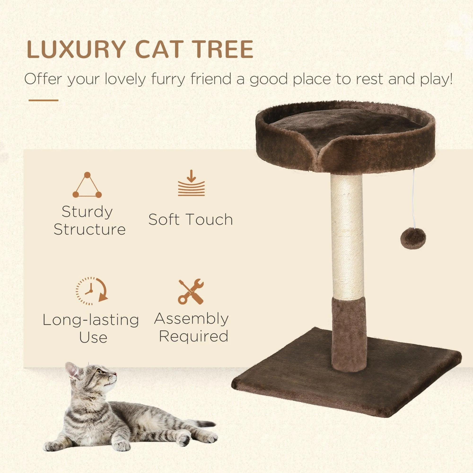 Cat Tree w / Sisal Scratching Post & Ball Toy - Brown