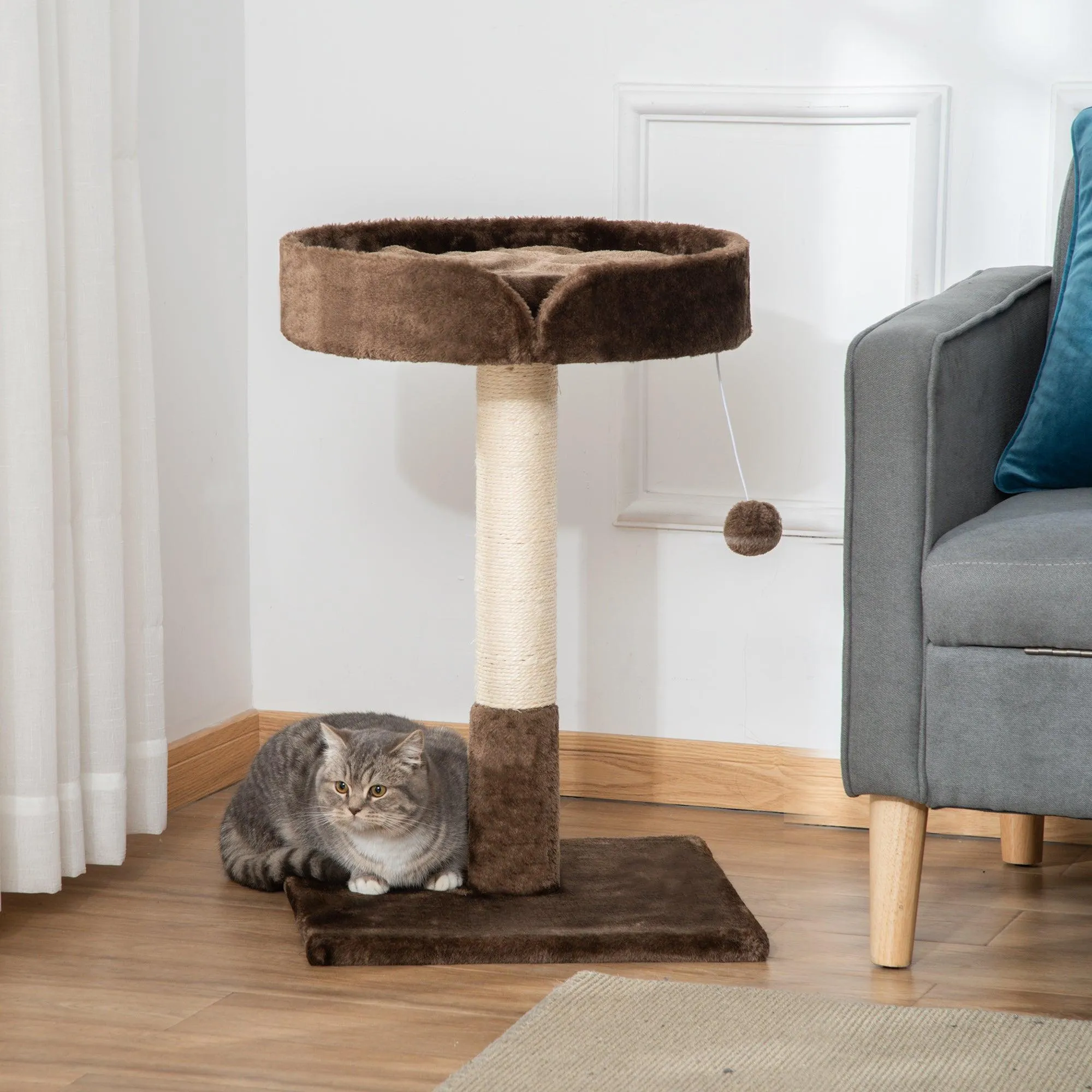 Cat Tree w / Sisal Scratching Post & Ball Toy - Brown