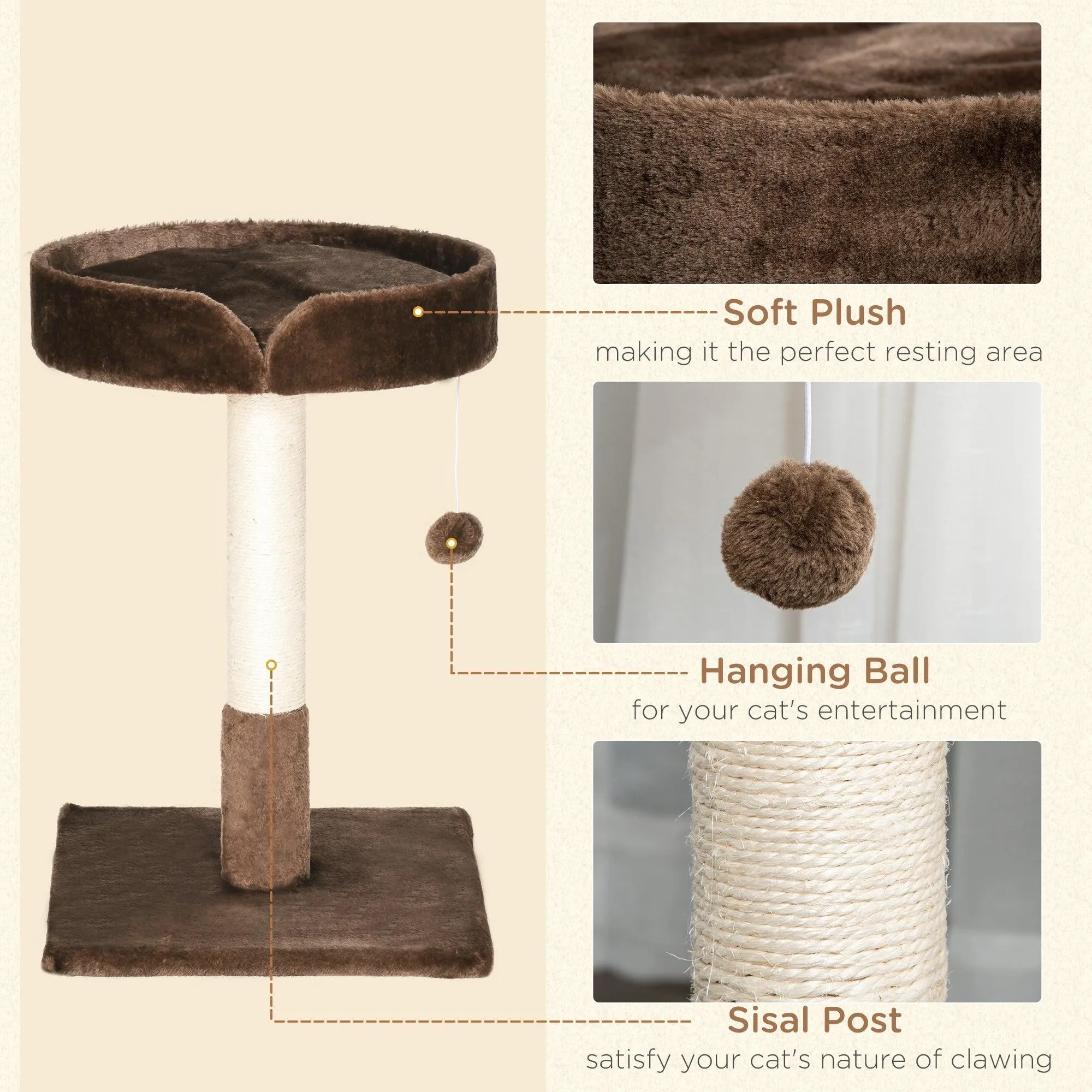 Cat Tree w / Sisal Scratching Post & Ball Toy - Brown