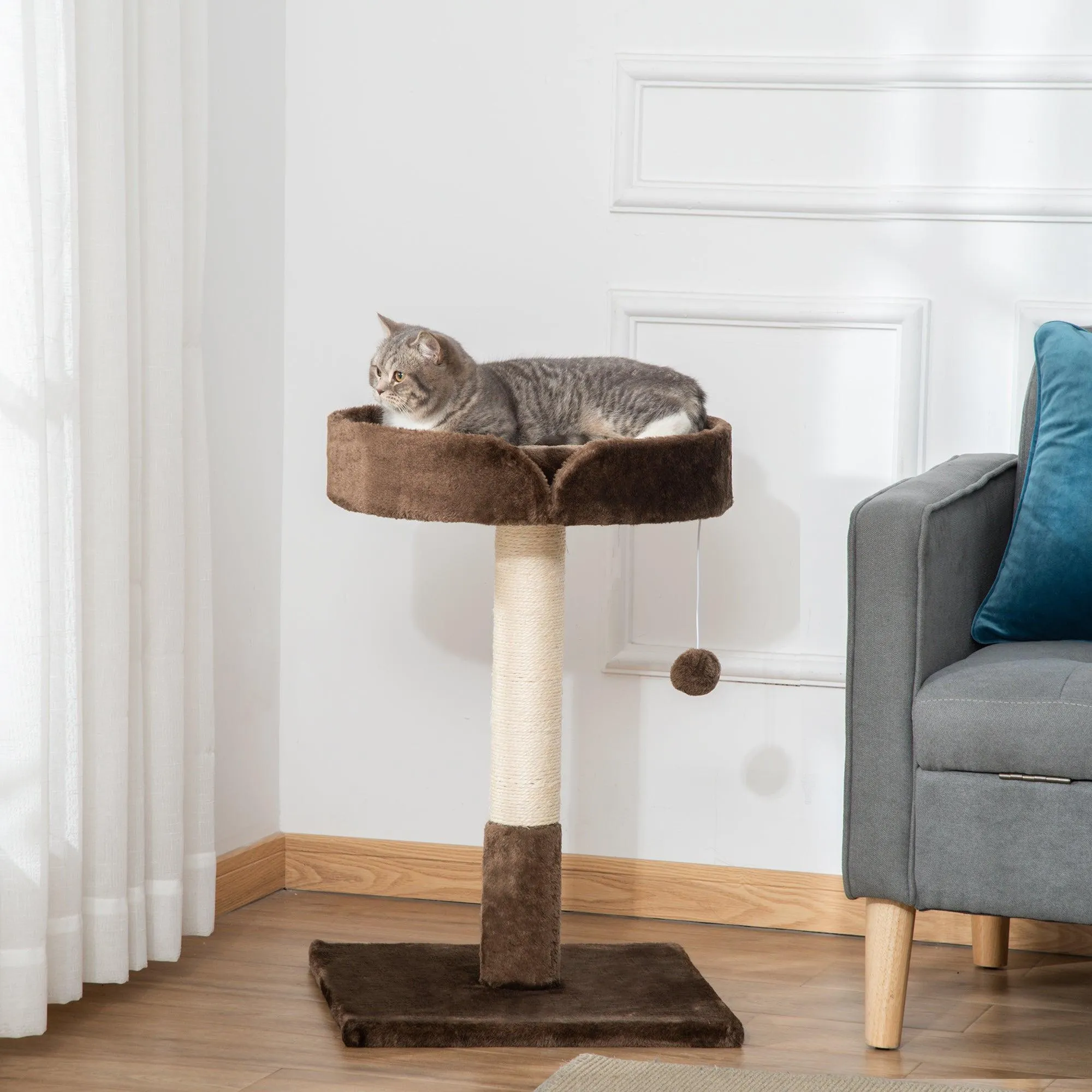 Cat Tree w / Sisal Scratching Post & Ball Toy - Brown