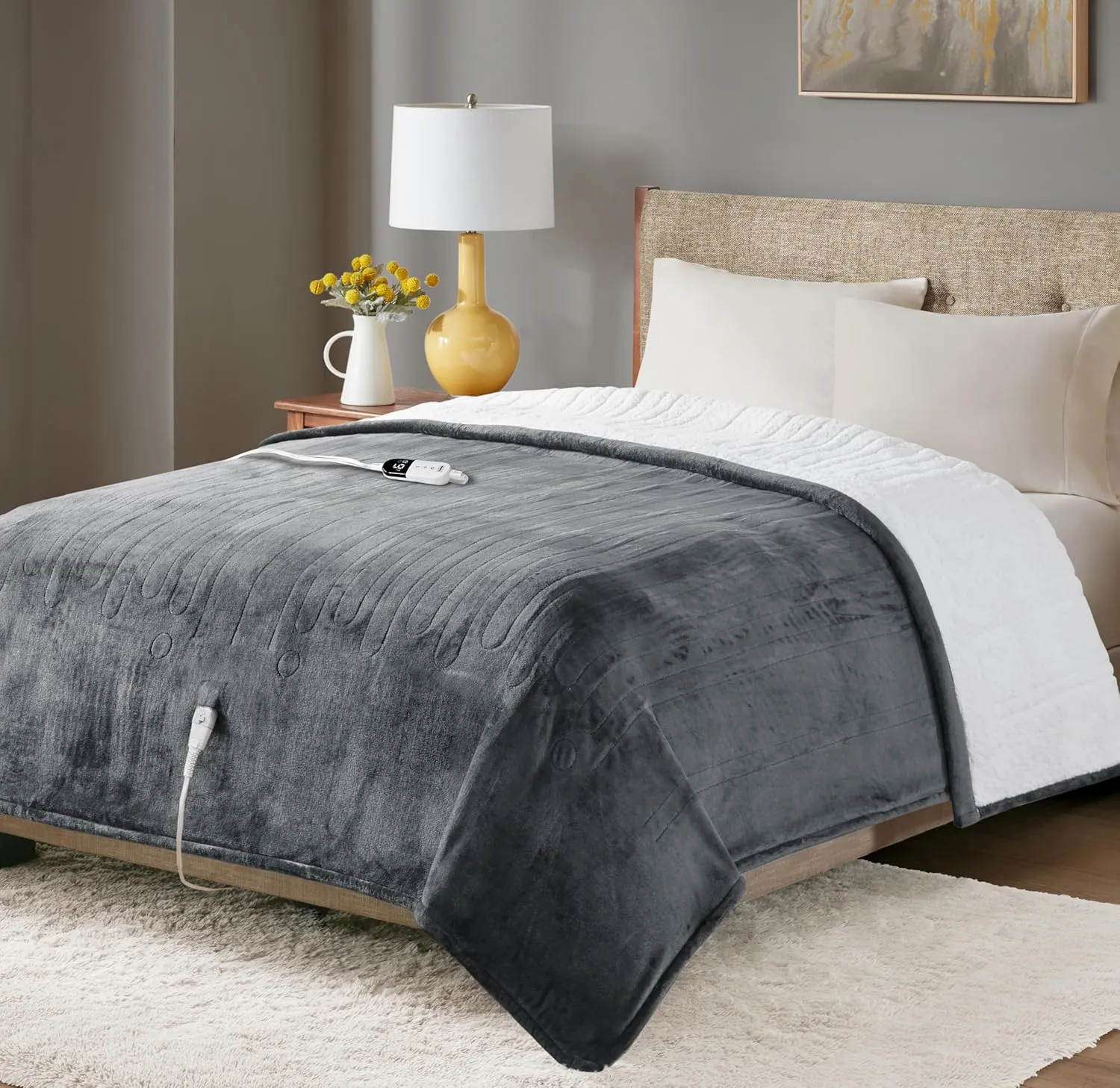 Degrees of Comfort Sherpa Plush Heated Blanket, Full Size Bed Electric Blankets with 6 Heat Settings Controller | 1-10 Hour Auto Shut Off |Washable, 72" X 84" Grey