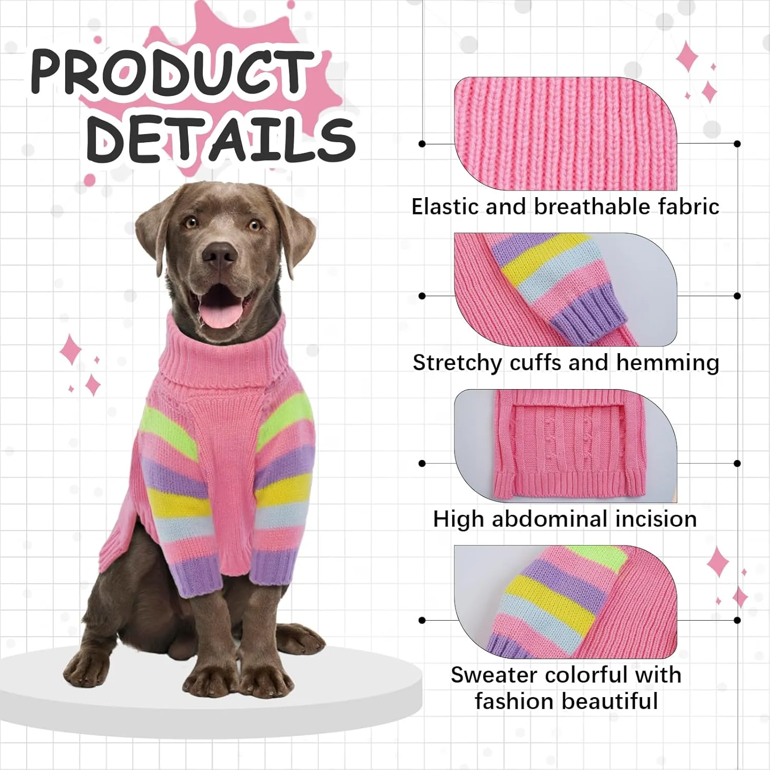 Dog Sweater Thick, Sweaters for Large Size Dogs Comfy, Stretchy Pullover Dog Sweater for Large Doggie, Christmas Dogs Sweaters Unisex, Warm Pet Knitwear Boston Terrier, Frenchie (Pink L)