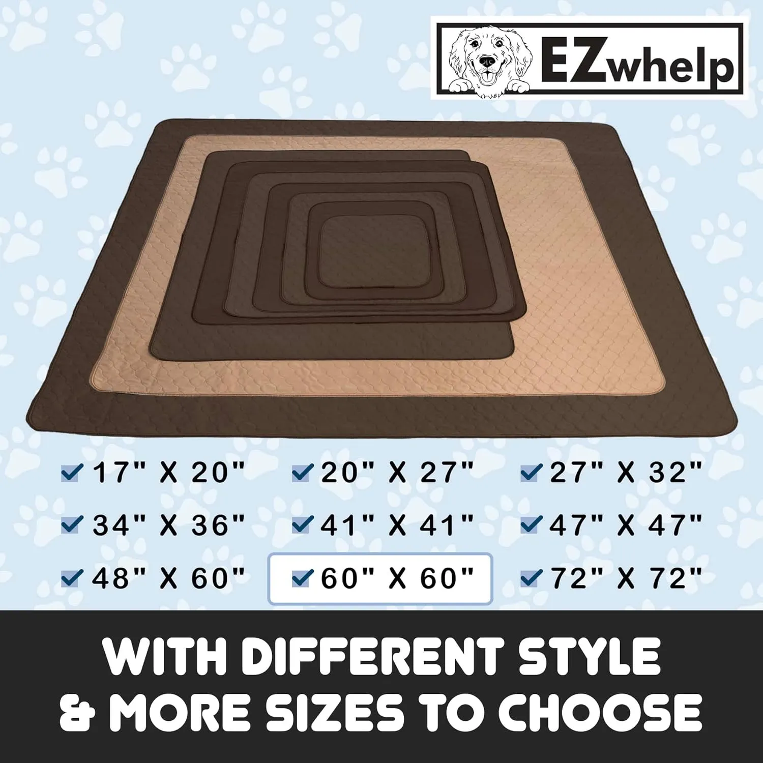 EZwhelp Reusable Dog Pee Pads - Dogs Waterproof Training Pads - Washable & Sanitary - Rounded Corners - Laminated, Lightweight, Durable - Pet Essentials Puppy Training, Whelping - 60" x 60"