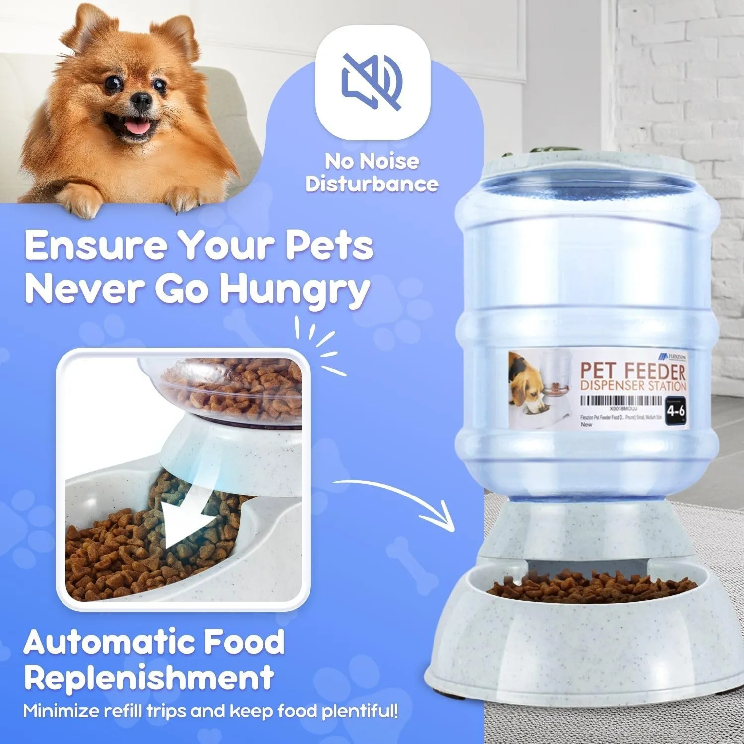 Flexzion Gravity Pet Feeder Food Dispenser (4-6 lb Size) for Dogs Cats Automatic Replenish Dry Food Storage Container Bowl for Small Medium Breed Dog Cat Animal Feeding Watering Fountain Supplies