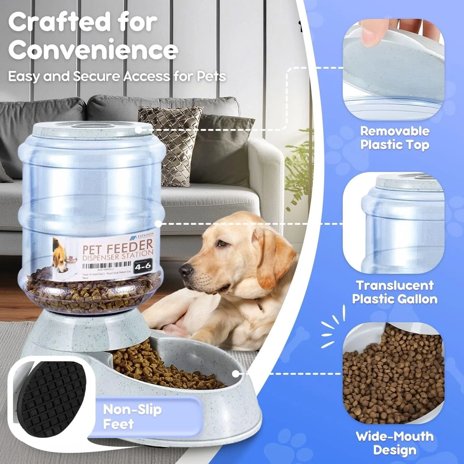 Flexzion Gravity Pet Feeder Food Dispenser (4-6 lb Size) for Dogs Cats Automatic Replenish Dry Food Storage Container Bowl for Small Medium Breed Dog Cat Animal Feeding Watering Fountain Supplies