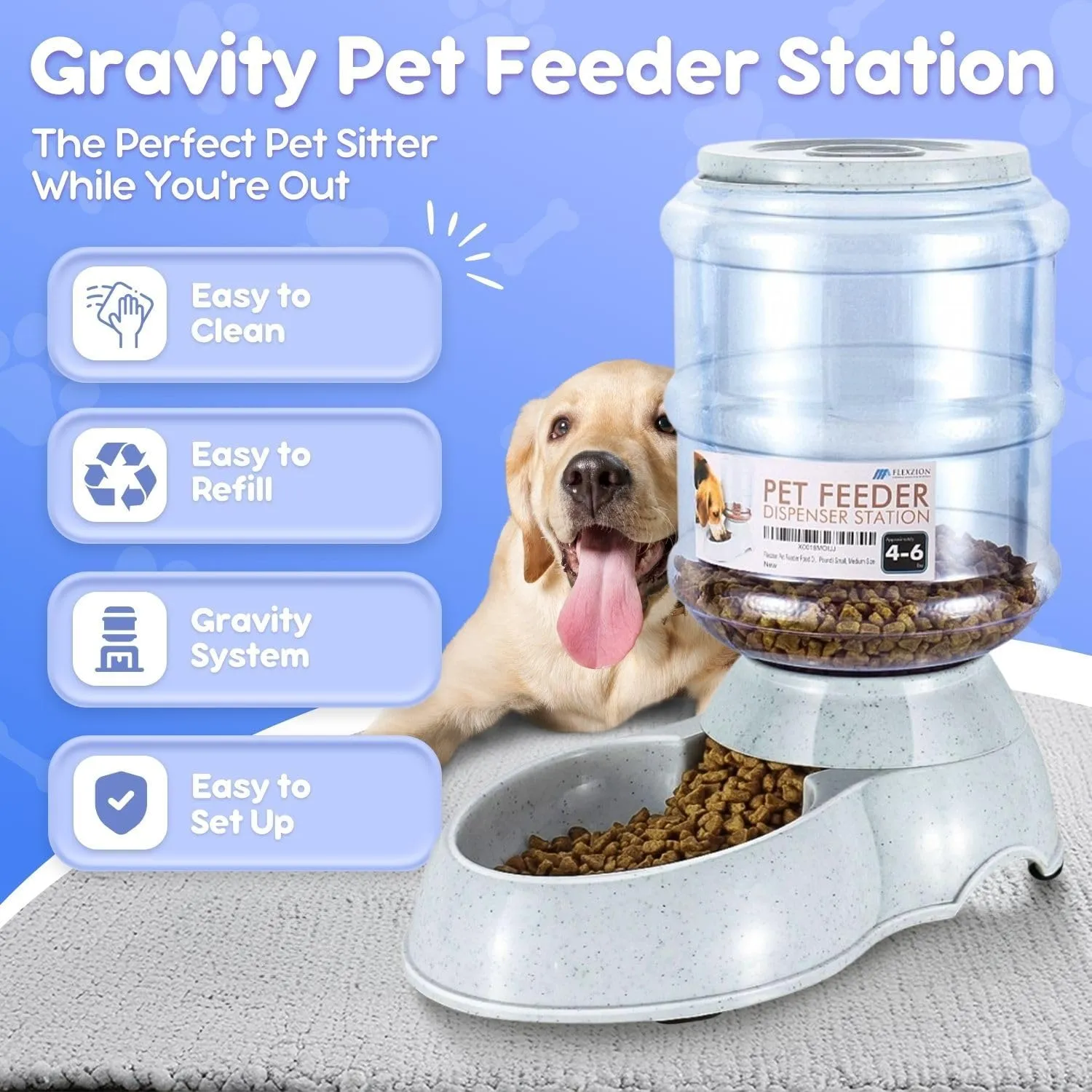 Flexzion Gravity Pet Feeder Food Dispenser (4-6 lb Size) for Dogs Cats Automatic Replenish Dry Food Storage Container Bowl for Small Medium Breed Dog Cat Animal Feeding Watering Fountain Supplies