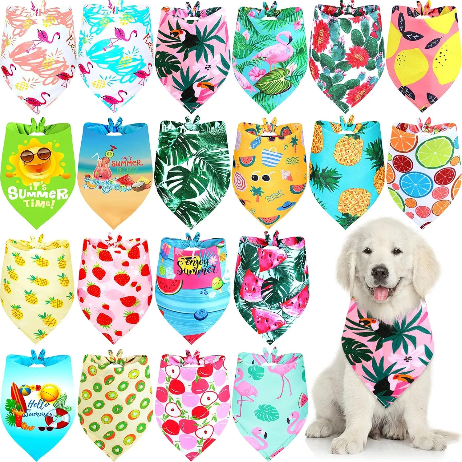 Frienda 20 Pcs Summer Spring Dog Bandanas Hawaiian Style Washable Triangle Pet Bibs Assortment Puppy Kerchief Accessories for Small Medium Pets Dogs Cats(Large)