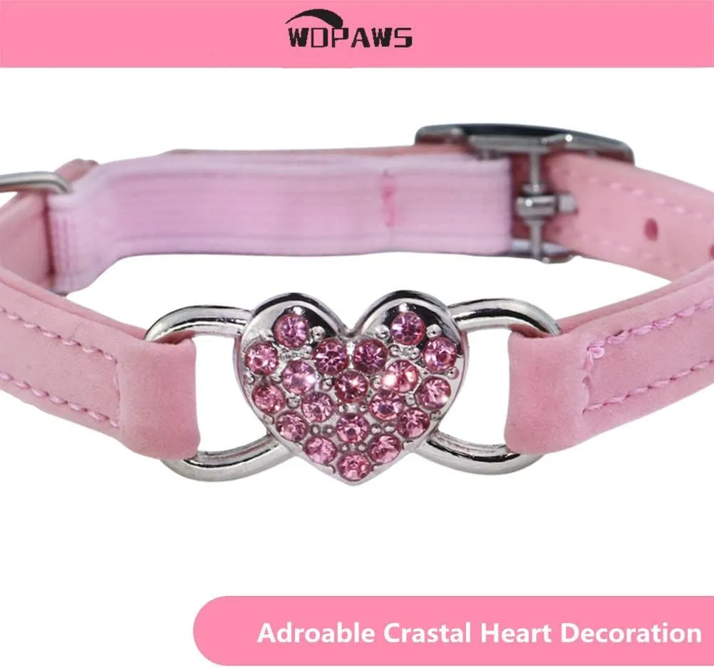 Heart Bling Cat Collar with Safety Belt and Bell Adjustable 8-10 inches for Kitten Cats (Pink)