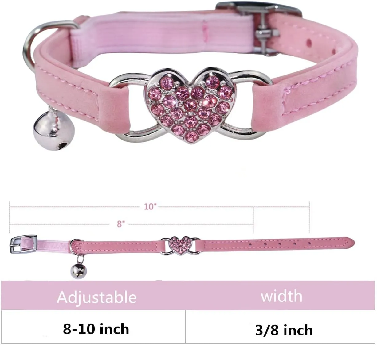 Heart Bling Cat Collar with Safety Belt and Bell Adjustable 8-10 inches for Kitten Cats (Pink)