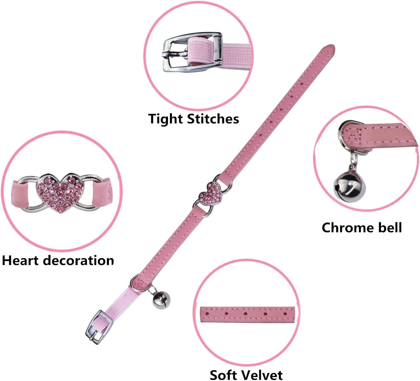 Heart Bling Cat Collar with Safety Belt and Bell Adjustable 8-10 inches for Kitten Cats (Pink)