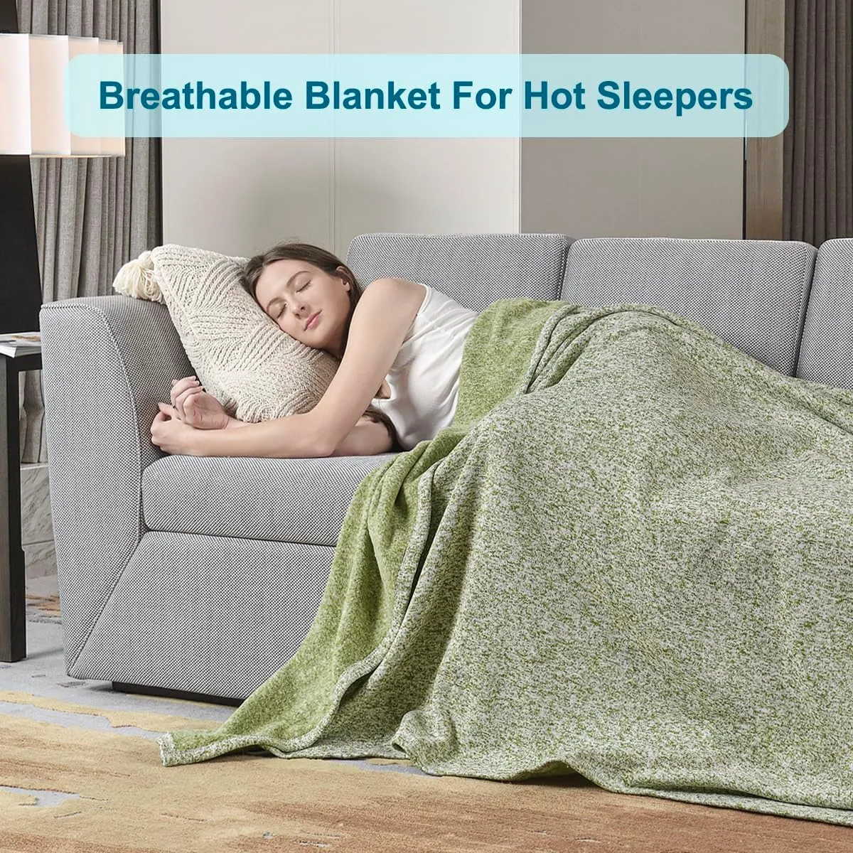 KAWAHOME Summer Sweatshirt Throw Blanket for Bed-Lightweight Breathable Blankets,Soft Thin Knit Jersey Throw Blanket for Hot Sleepers,50 X 60 Inches, Heather Green