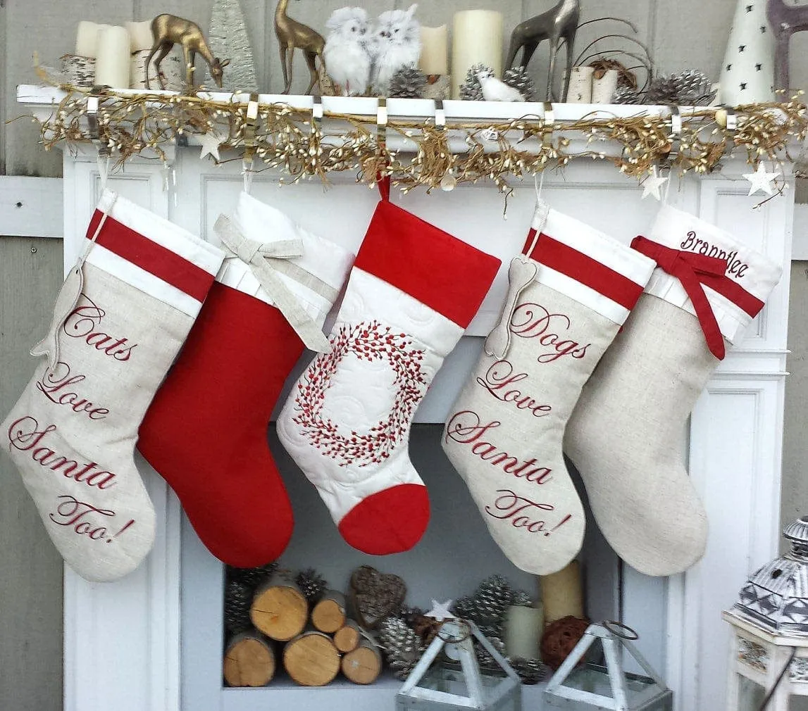 Linen Christmas Stockings Dog Stocking Cat Rustic Chic Embroidered Personalized Holiday Modern Pet Paw Bone Fish Cuff Designer Names