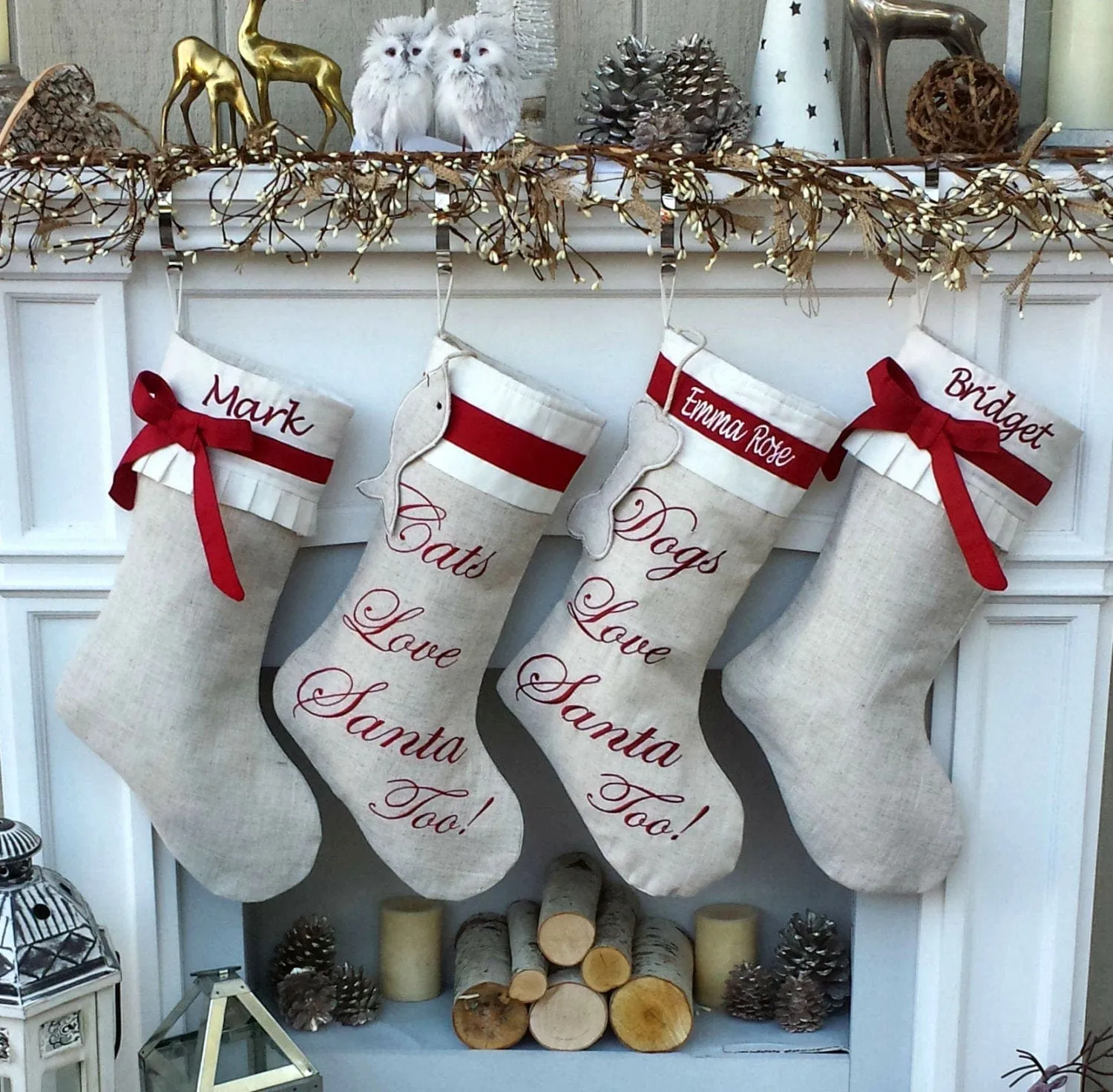 Linen Christmas Stockings Dog Stocking Cat Rustic Chic Embroidered Personalized Holiday Modern Pet Paw Bone Fish Cuff Designer Names