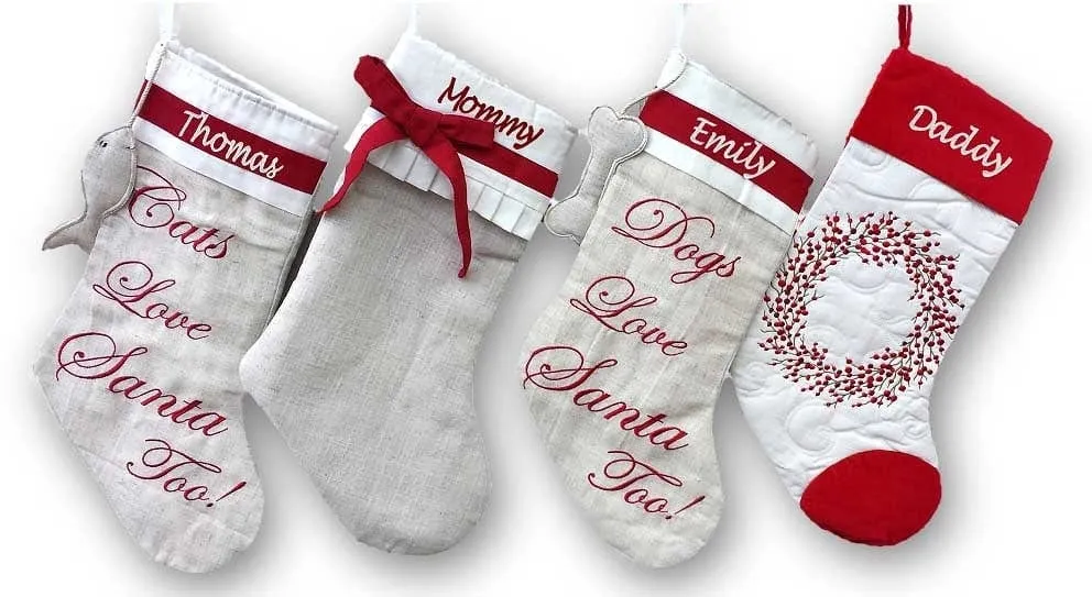 Linen Christmas Stockings Dog Stocking Cat Rustic Chic Embroidered Personalized Holiday Modern Pet Paw Bone Fish Cuff Designer Names