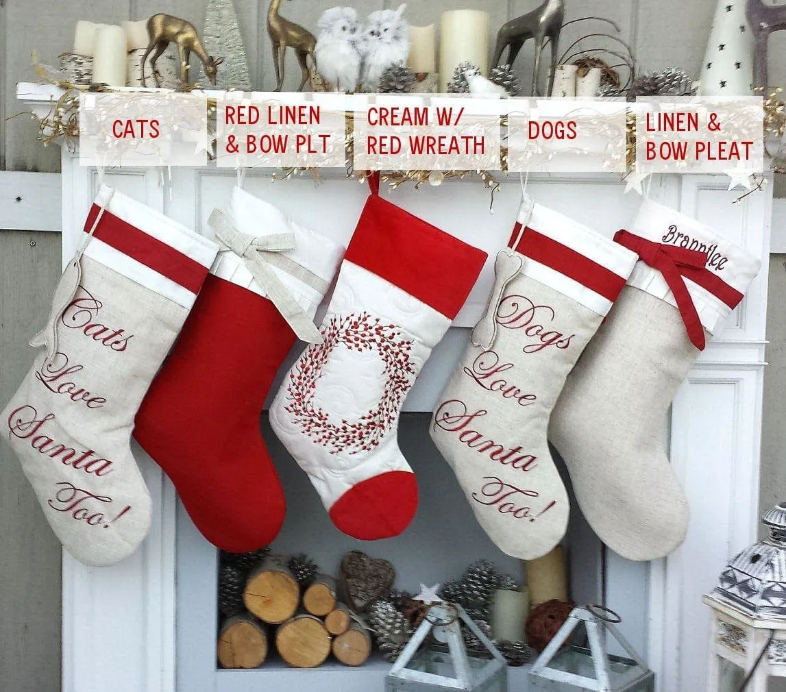 Linen Christmas Stockings Dog Stocking Cat Rustic Chic Embroidered Personalized Holiday Modern Pet Paw Bone Fish Cuff Designer Names