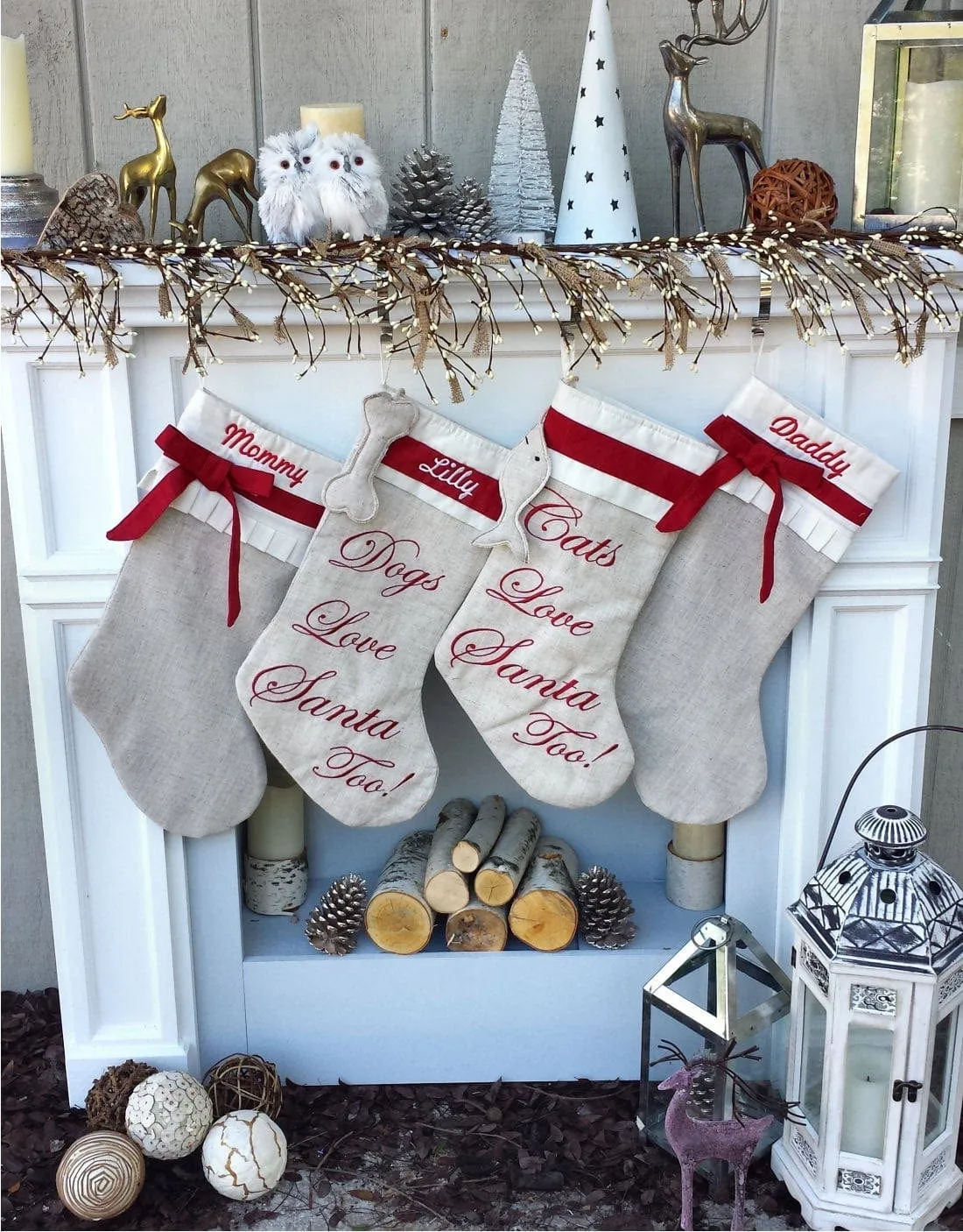 Linen Christmas Stockings Dog Stocking Cat Rustic Chic Embroidered Personalized Holiday Modern Pet Paw Bone Fish Cuff Designer Names