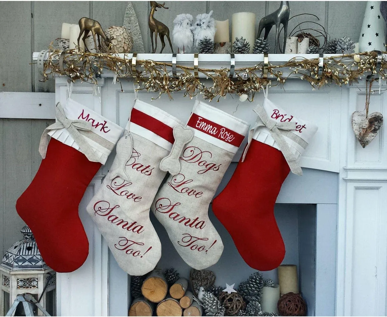Linen Christmas Stockings Dog Stocking Cat Rustic Chic Embroidered Personalized Holiday Modern Pet Paw Bone Fish Cuff Designer Names