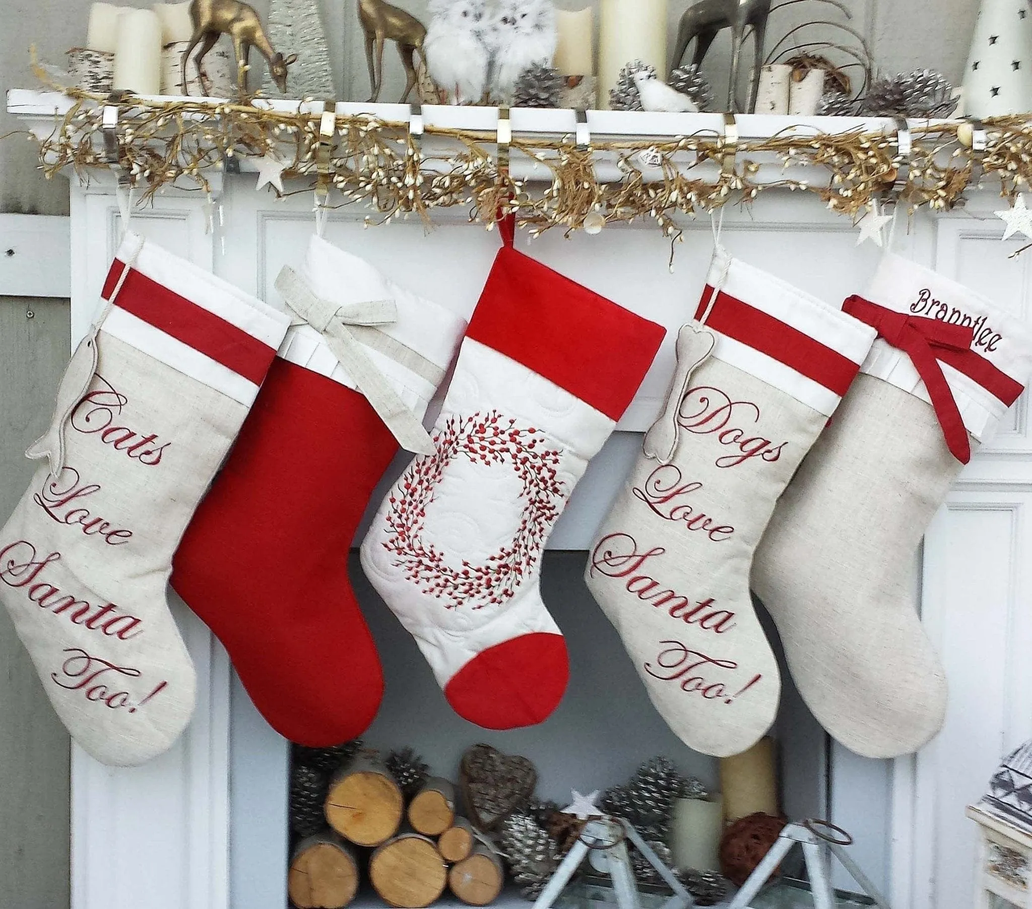 Linen Christmas Stockings Dog Stocking Cat Rustic Chic Embroidered Personalized Holiday Modern Pet Paw Bone Fish Cuff Designer Names