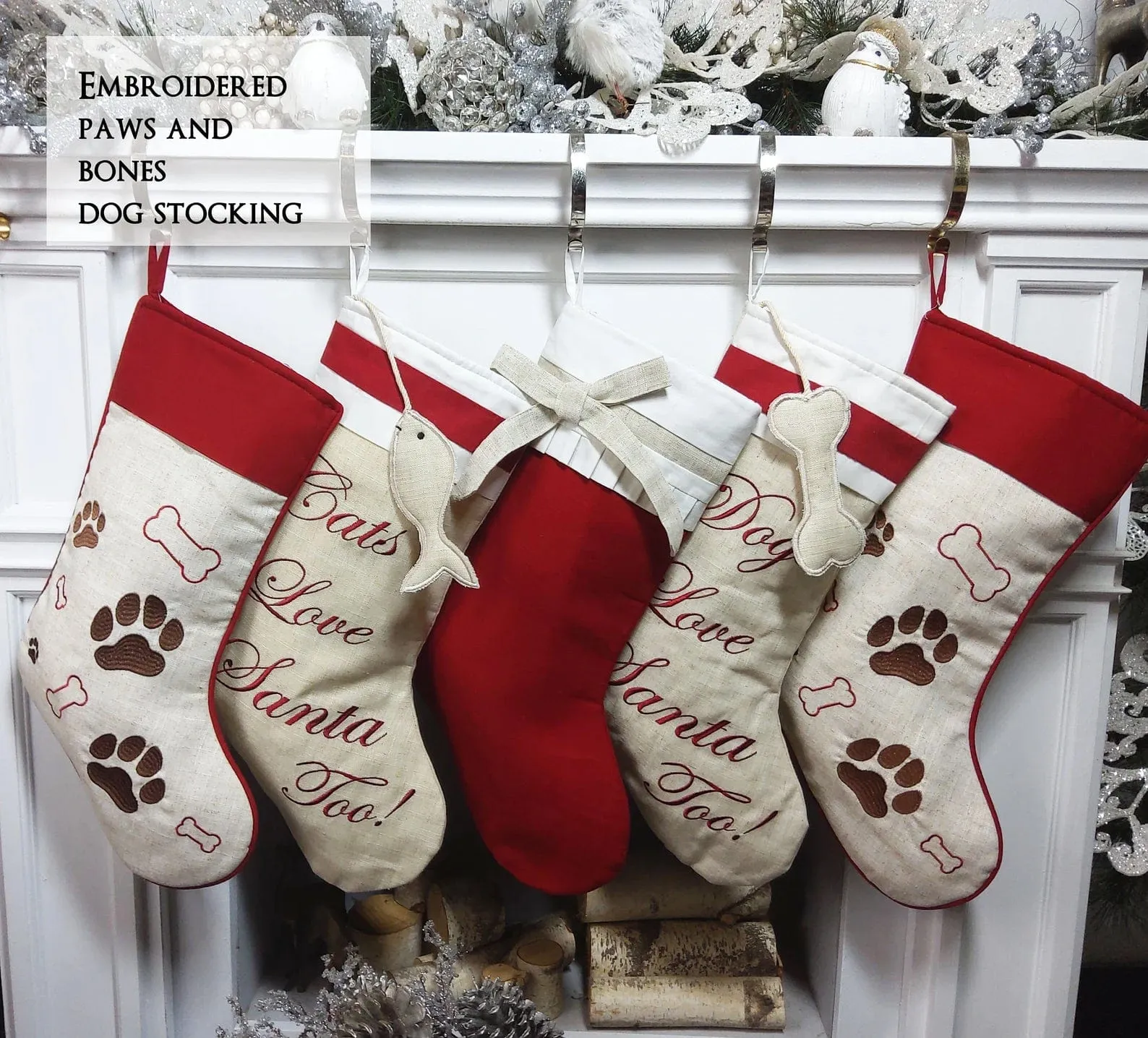 Linen Christmas Stockings Dog Stocking Cat Rustic Chic Embroidered Personalized Holiday Modern Pet Paw Bone Fish Cuff Designer Names