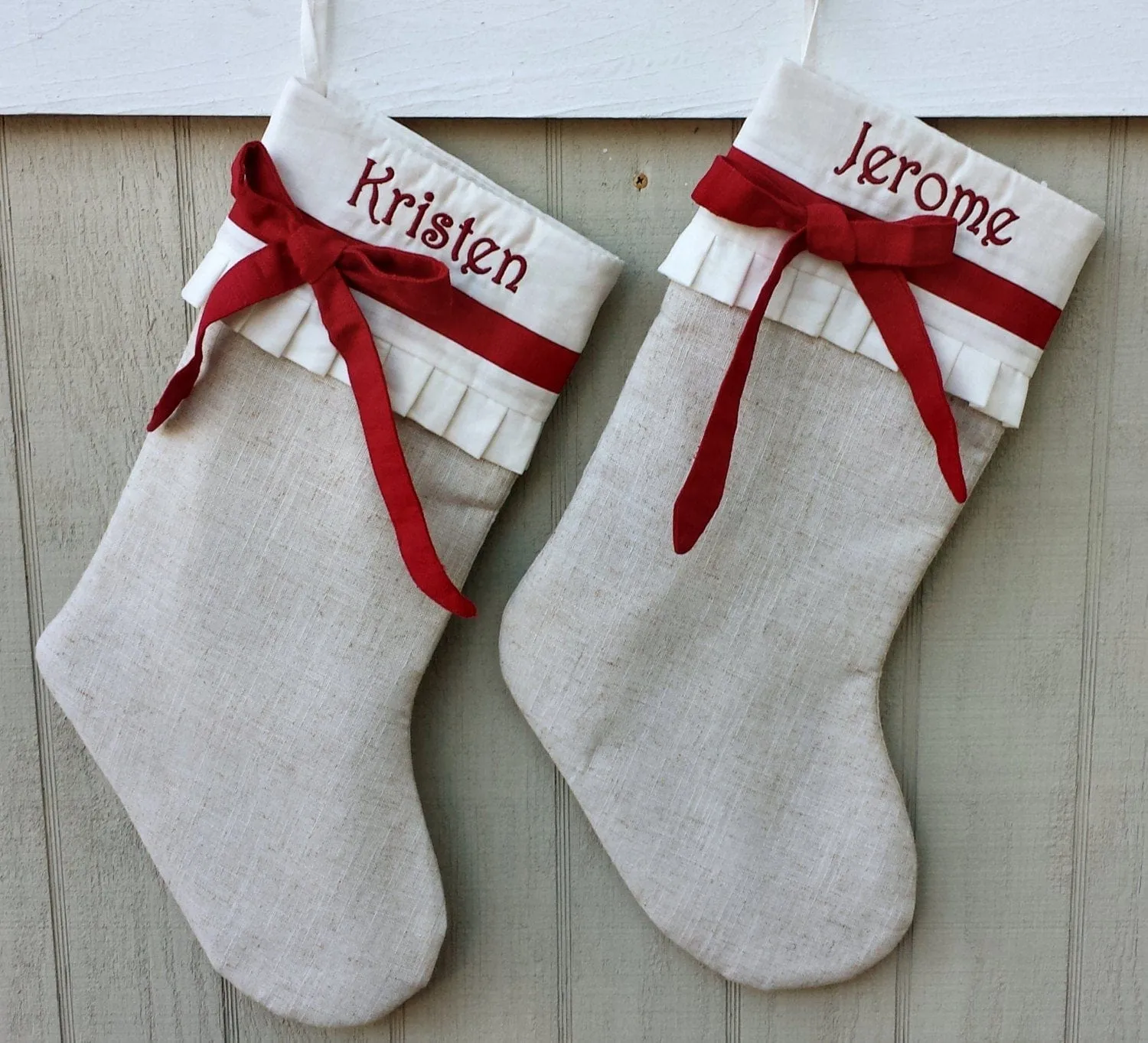 Linen Christmas Stockings Dog Stocking Cat Rustic Chic Embroidered Personalized Holiday Modern Pet Paw Bone Fish Cuff Designer Names
