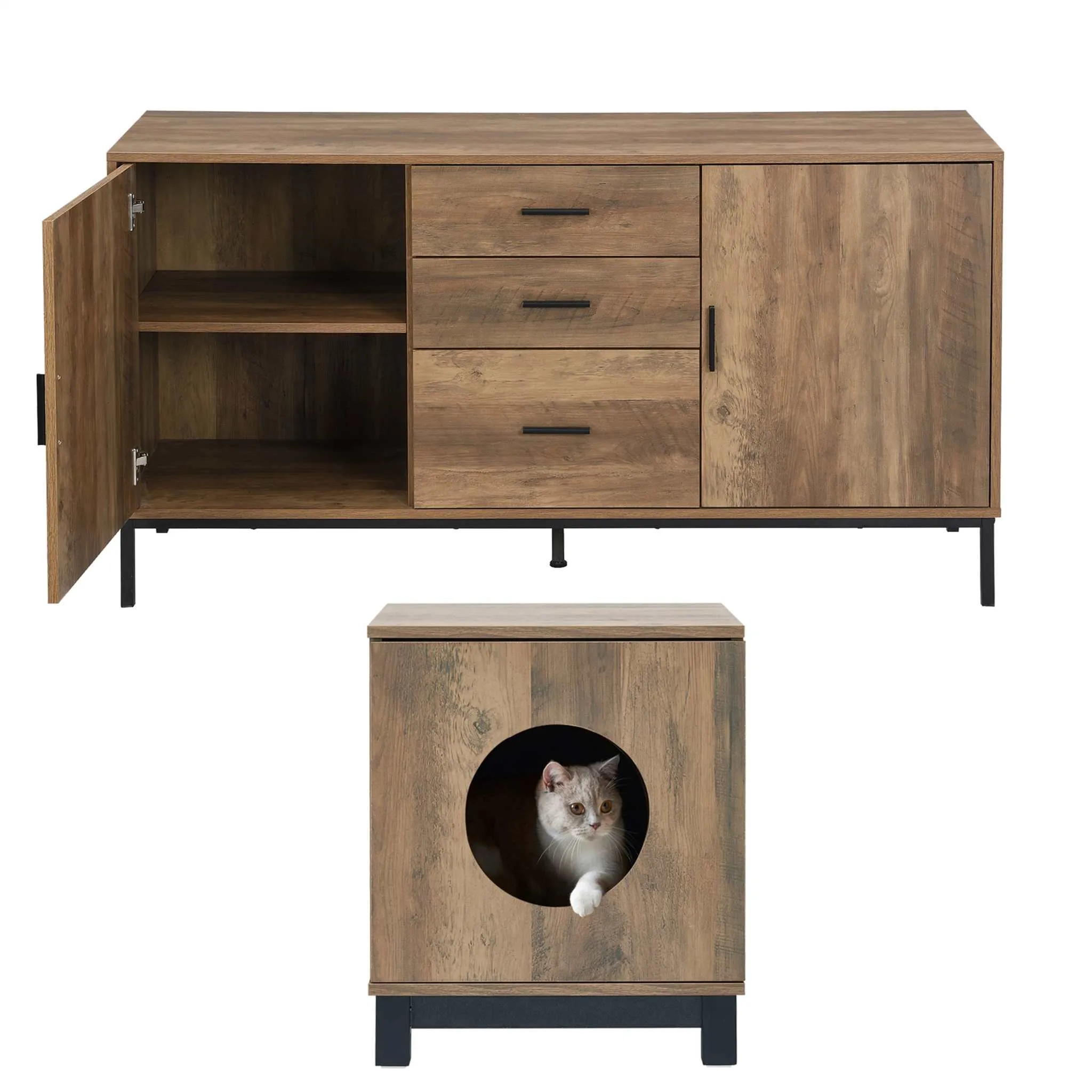 MerryLuk Bronx Buffet Sideboard Cabinet with Pet House Bedside Table Bundle